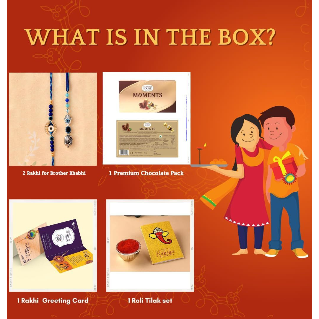 CraftVatika Ferrero Moments Chocolate Rakhi Chocolate Pooja Coin Gift for Brother Bhaiya Bhabhi, Evil Eye Rakhi Combo Set of 2 with Ferrero Moments for Brother Bhaiya