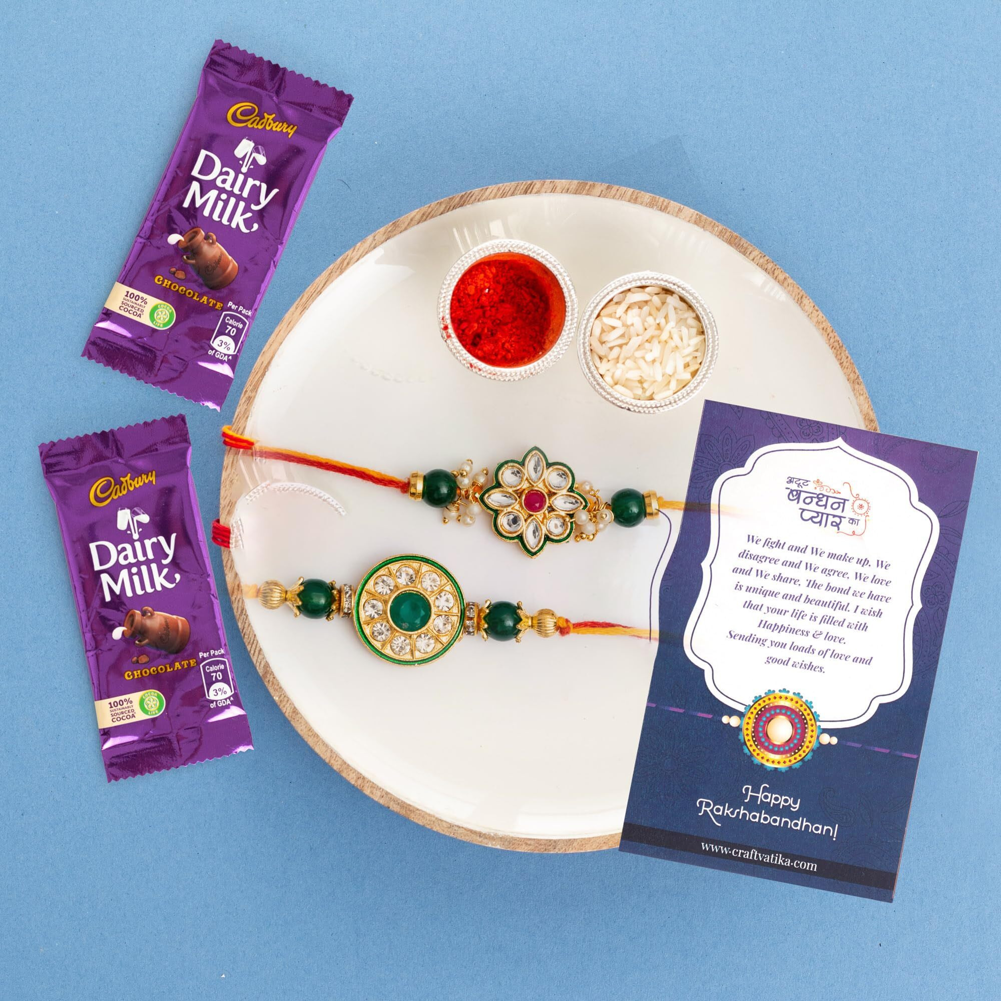 Combo of 2 Rakhi for Brother with Cadbury Chocolate Gifts Combo Set, Brother Rakhi Set, Cadbury Rakshabandhan Bhai Bhabhi Hamper Greeting Card, Set of 2 Rakhi