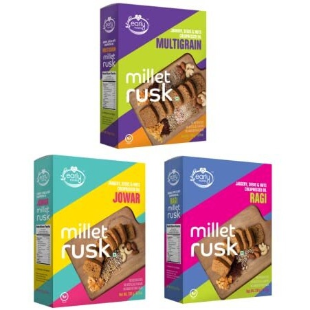 Early Foods - Pack of 3  Ragi, Jowar & Multigrain Rusks | Millet Rusk Sugar Free | No Maida Rusk | Rusks for Kids | Millet Toast Biscuits Rusk 230g x 3