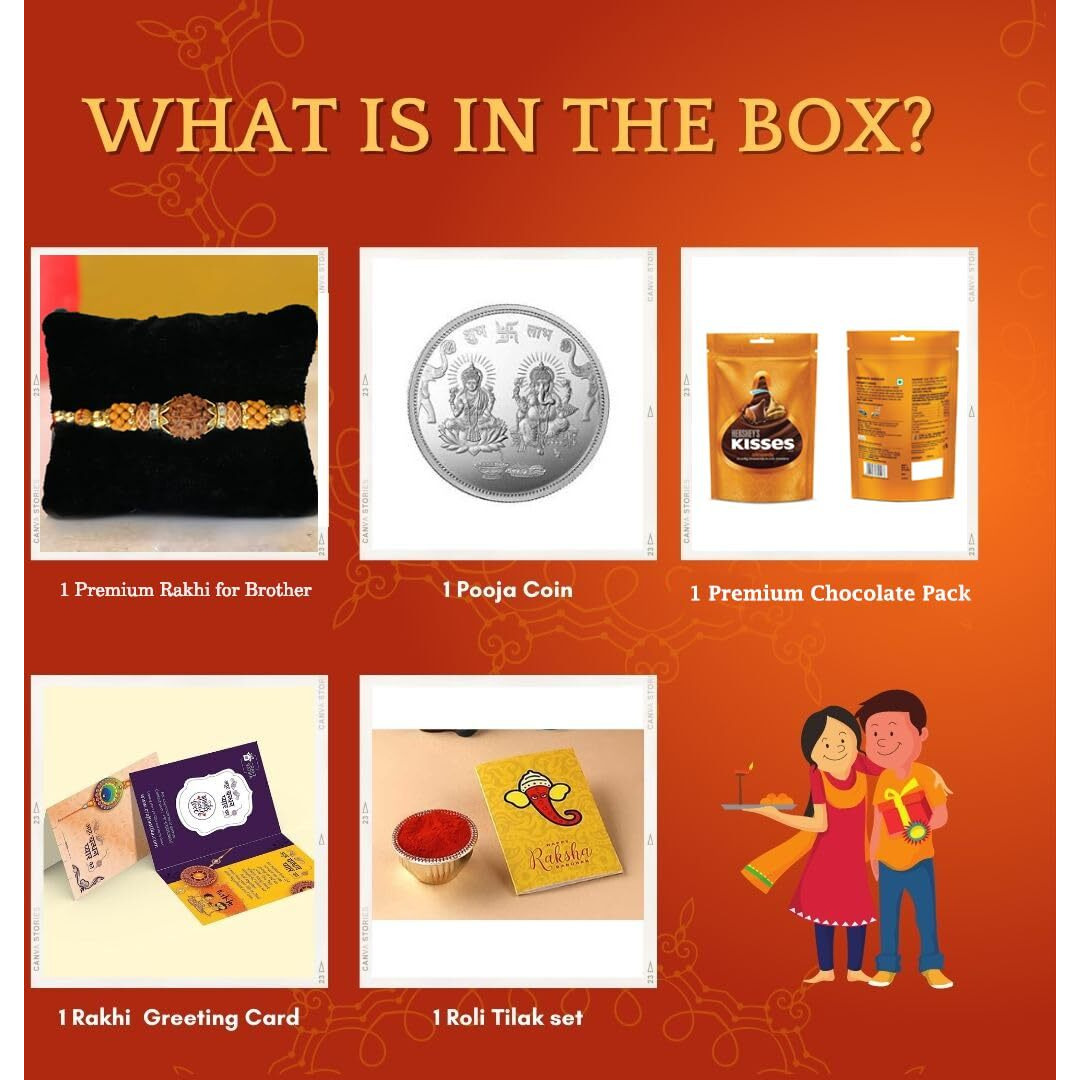 CraftVatika Rakhi for Brother with gift combo | Silver Puja Coin, Hersheys Chocolate Gift Combo | Rakhi for Bhai Kids Boy Bhaiya Men Kids, Premium Rudraksh Rakhi Gift Hamper, Rakhi for Brother with Chocolates