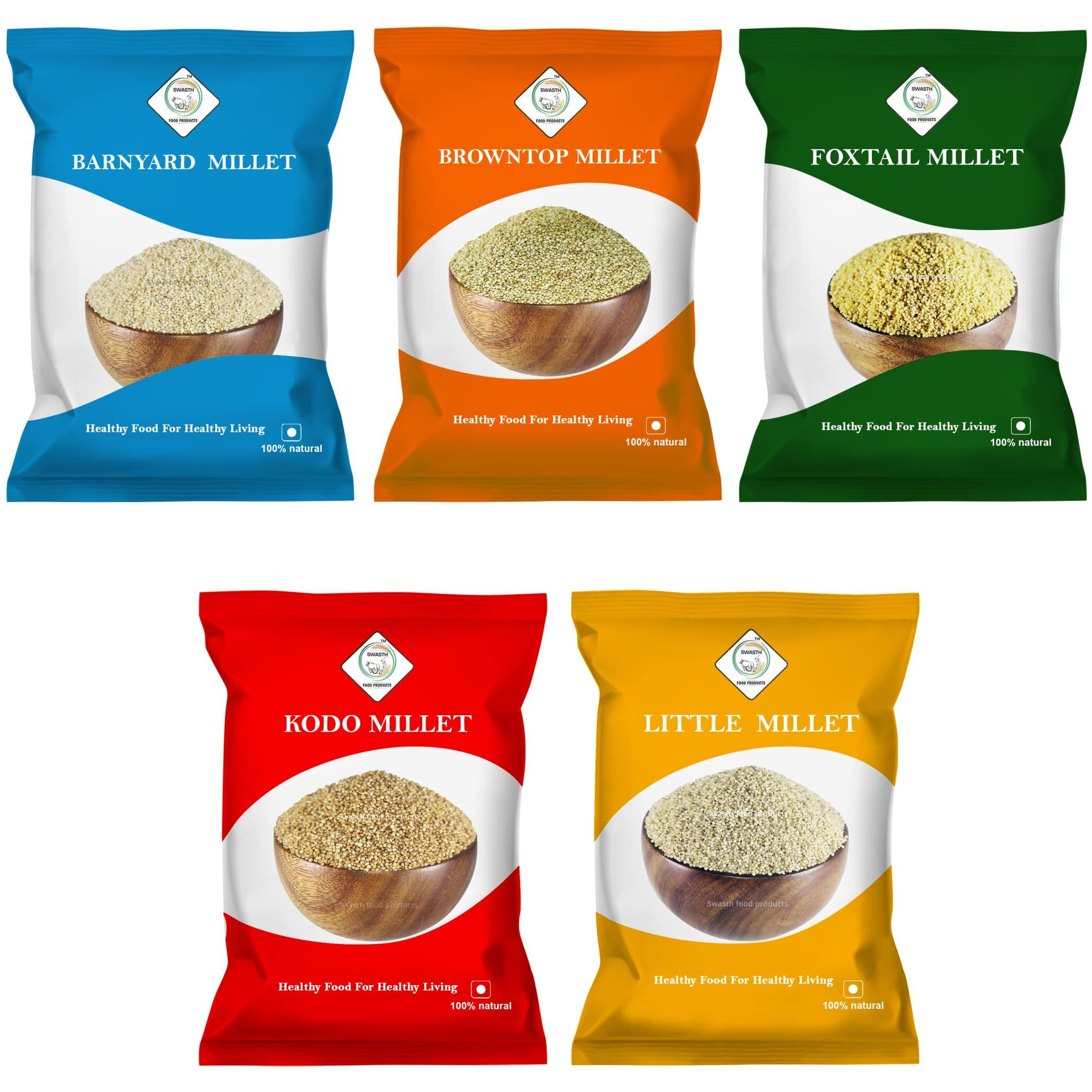 SWASTH Millets(Siridhanya) Unpolished and Natural Combo Pack Of 5-1Kg Each (Foxtail 1kg, Kodo 1kg, Browntop 1kg, Little 1kg, Barnyard 1kg)|Glutenfree|High fibre low gi