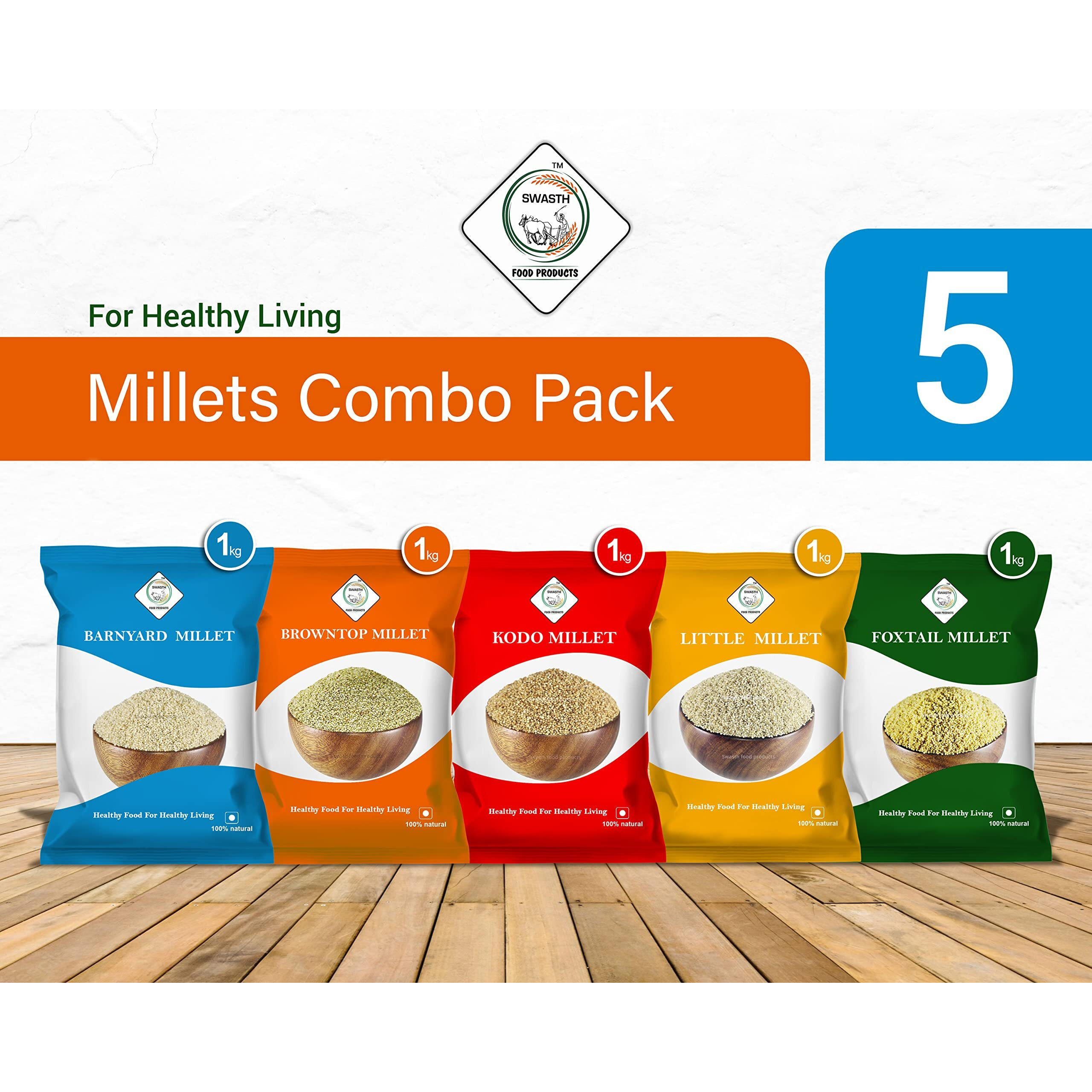 SWASTH Millets(Siridhanya) Unpolished and Natural Combo Pack Of 5-1Kg Each (Foxtail 1kg, Kodo 1kg, Browntop 1kg, Little 1kg, Barnyard 1kg)|Glutenfree|High fibre low gi