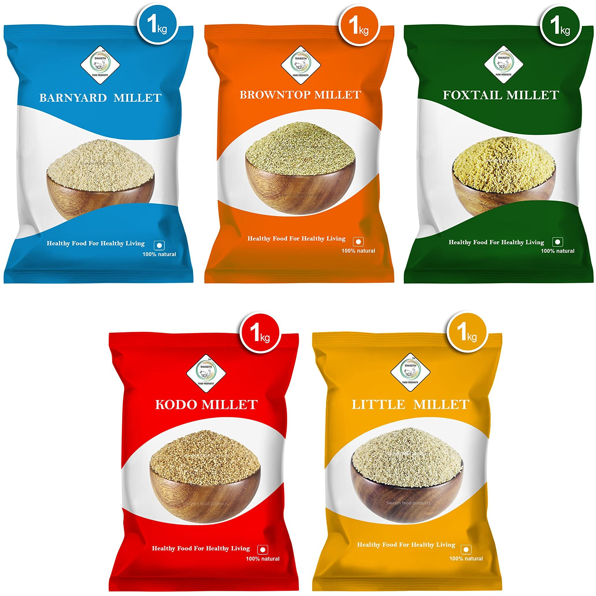 SWASTH Millets(Siridhanya) Unpolished and Natural Combo Pack Of 5-1Kg Each (Foxtail 1kg, Kodo 1kg, Browntop 1kg, Little 1kg, Barnyard 1kg)|Glutenfree|High fibre low gi