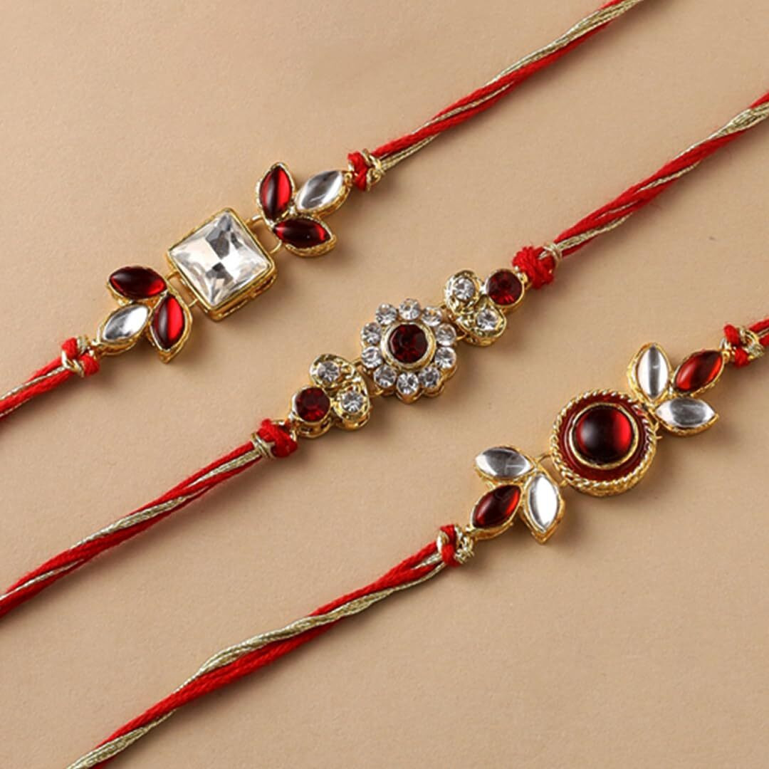 CraftVatika Kundan Rakhi Set of 3 for Brother with Chocolate Gift Combo for Rakshabandhan with Greeting Card
