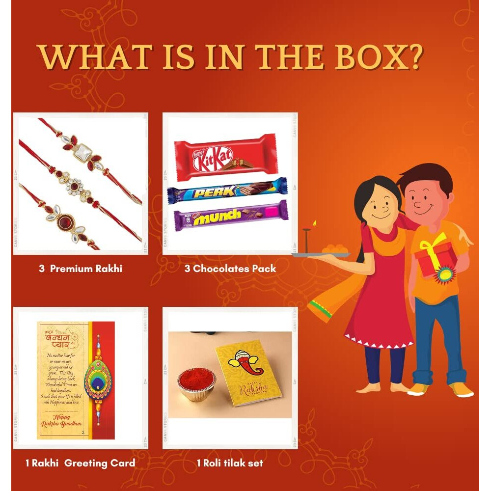 CraftVatika Kundan Rakhi Set of 3 for Brother with Chocolate Gift Combo for Rakshabandhan with Greeting Card