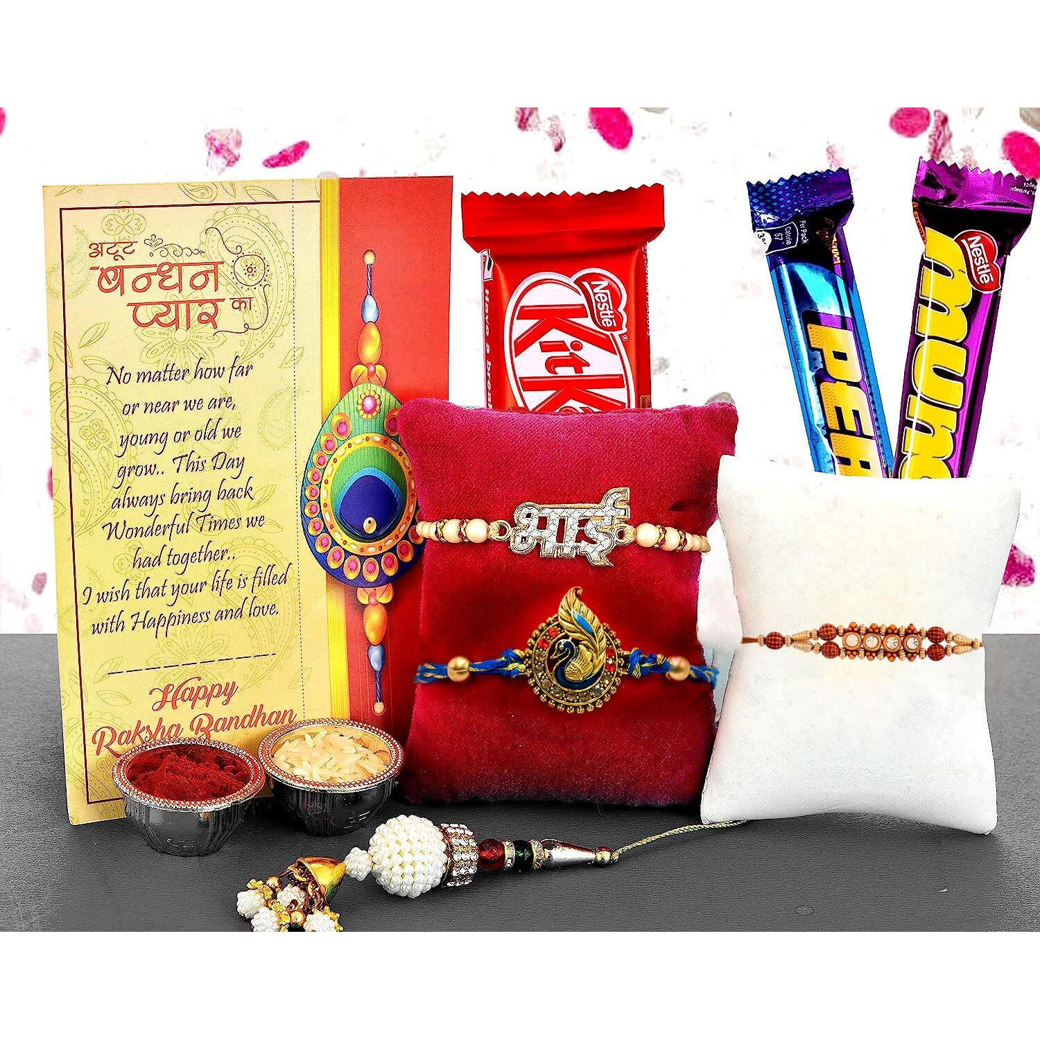 Set of 4 Rakhi for brother with Gift Set Chocolates, Set of 4 Rakhi for brother Combo,Rakhi gift for brother,Rakhi for brother with gift,Greeting Card,Roli, Chawal, Chandan, Misri Combo