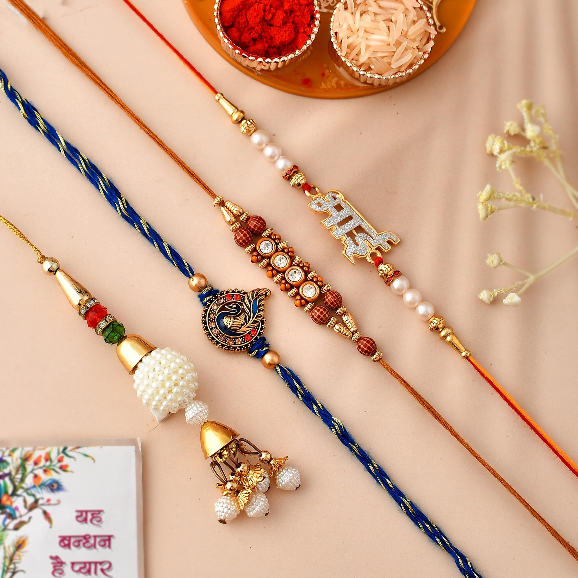 Set of 4 Rakhi for brother with Gift Set Chocolates, Set of 4 Rakhi for brother Combo,Rakhi gift for brother,Rakhi for brother with gift,Greeting Card,Roli, Chawal, Chandan, Misri Combo
