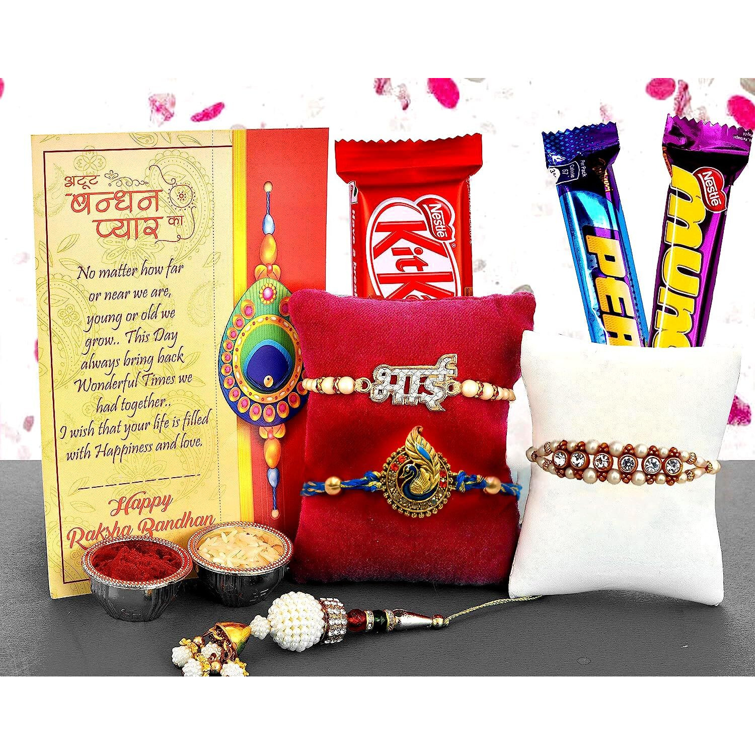 Set of 4 Rakhi for brother with Gift Set Chocolates, Set of 4 Rakhi for brother Combo,Rakhi gift for brother,Rakhi for brother with gift,Greeting Card,Roli, Chawal, Chandan, Misri Combo