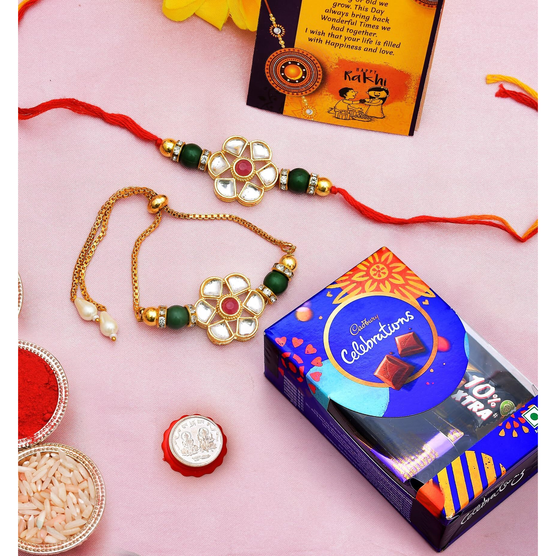 CraftVatika Rakhi Chocolate Gift Combo for Brother and Bhabhi | Silver Pooja Coin | Couple Pair Kundan Rakhi Combo for Bhaiya Bhabhi | Rakhi with Chocolate Gift Set - Rakhi Set of 2 - Rakshabandhan Rakhi Gift