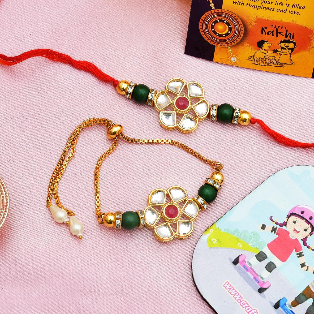 CraftVatika Rakhi Chocolate Gift Combo for Brother and Bhabhi | Silver Pooja Coin | Couple Pair Kundan Rakhi Combo for Bhaiya Bhabhi | Rakhi with Chocolate Gift Set - Rakhi Set of 2 - Rakshabandhan Rakhi Gift