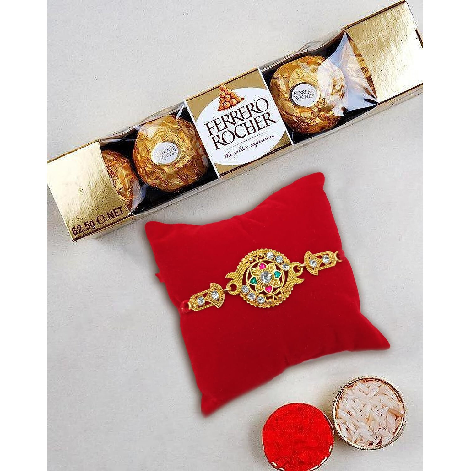 Flower Red Stone Studded Beaded Single Rakhi with Chocolate, Rakhi for Brother with Chocolate Combo, Rakhi with Ferrero Rocher Chocolate Pack For Kids