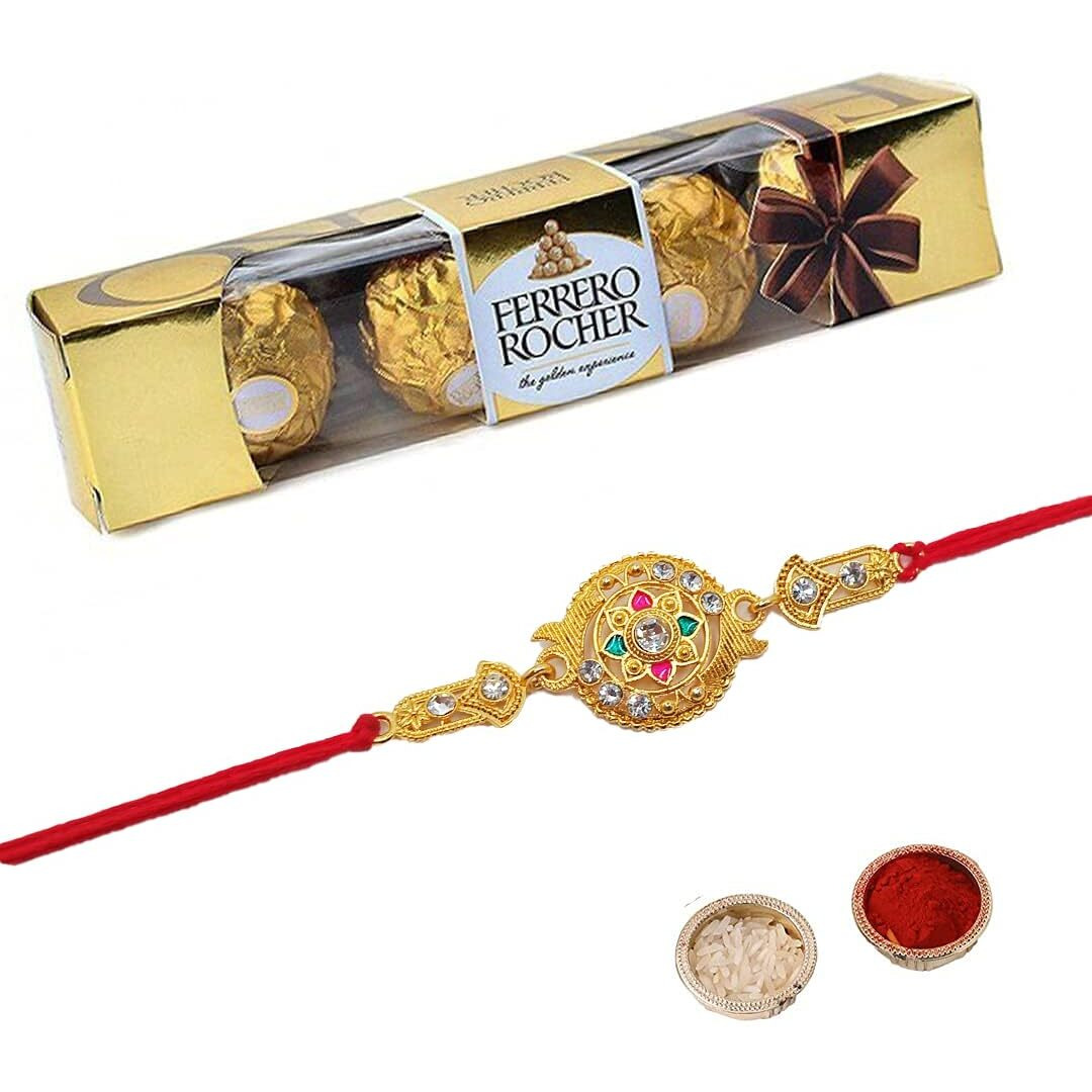 Flower Red Stone Studded Beaded Single Rakhi with Chocolate, Rakhi for Brother with Chocolate Combo, Rakhi with Ferrero Rocher Chocolate Pack For Kids