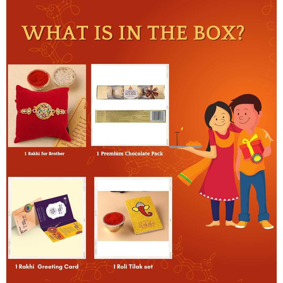 Flower Red Stone Studded Beaded Single Rakhi with Chocolate, Rakhi for Brother with Chocolate Combo, Rakhi with Ferrero Rocher Chocolate Pack For Kids