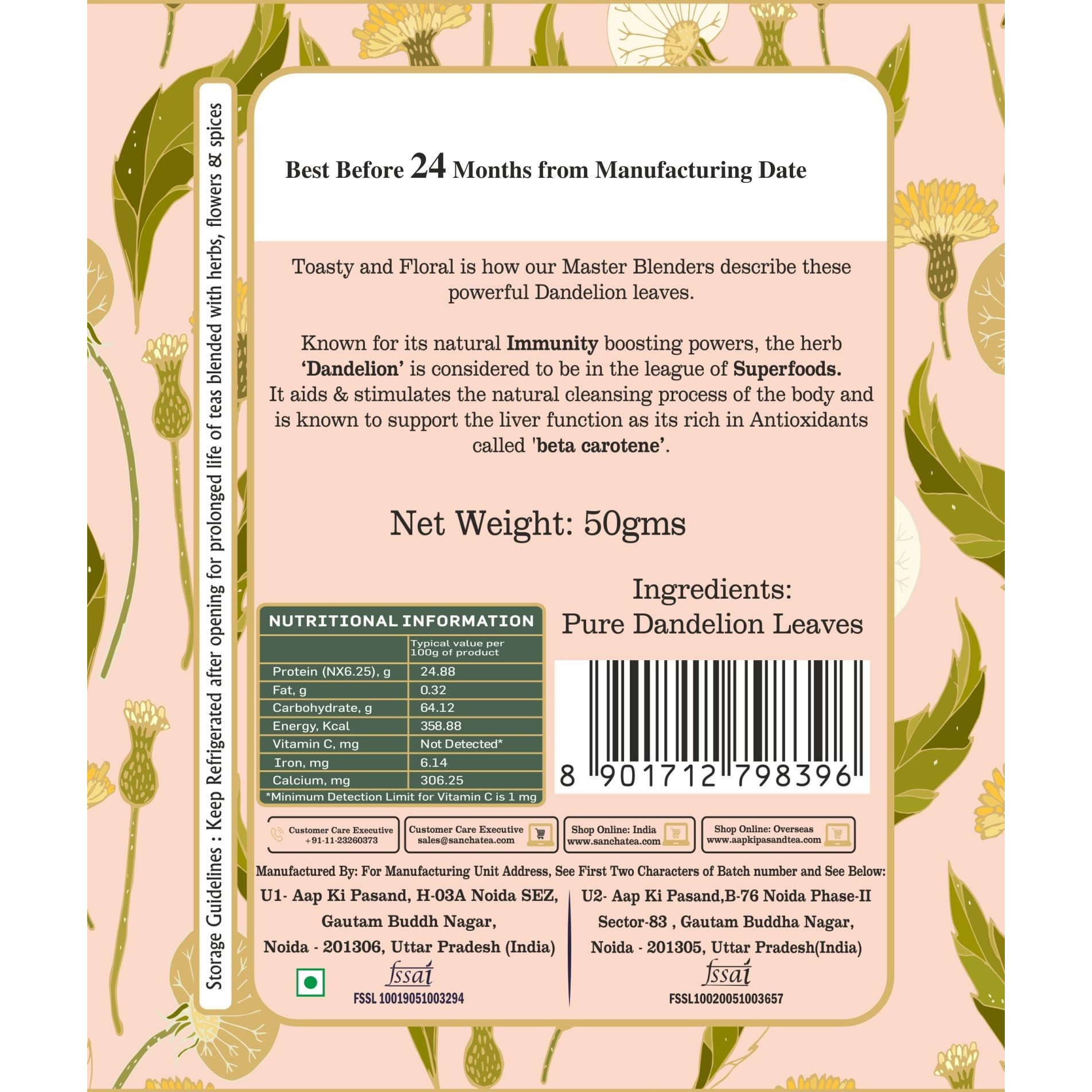 SAN-CHA Tea Boutique Dandelion Tea, Superherb Herbal Tea For Fatty Liver Detox, 50 Gram, Caffeine Free
