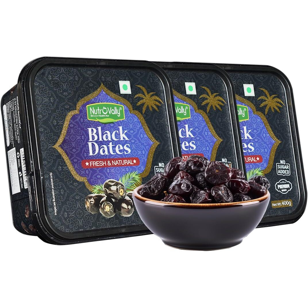 NutroVally Black Dates 1.2kg (400gm*3) |Healthy & Nutritious khajur Dry Fruits | Rich in Protein and Vitamins khajoor | No Added Sugar Premium Vegan Dates