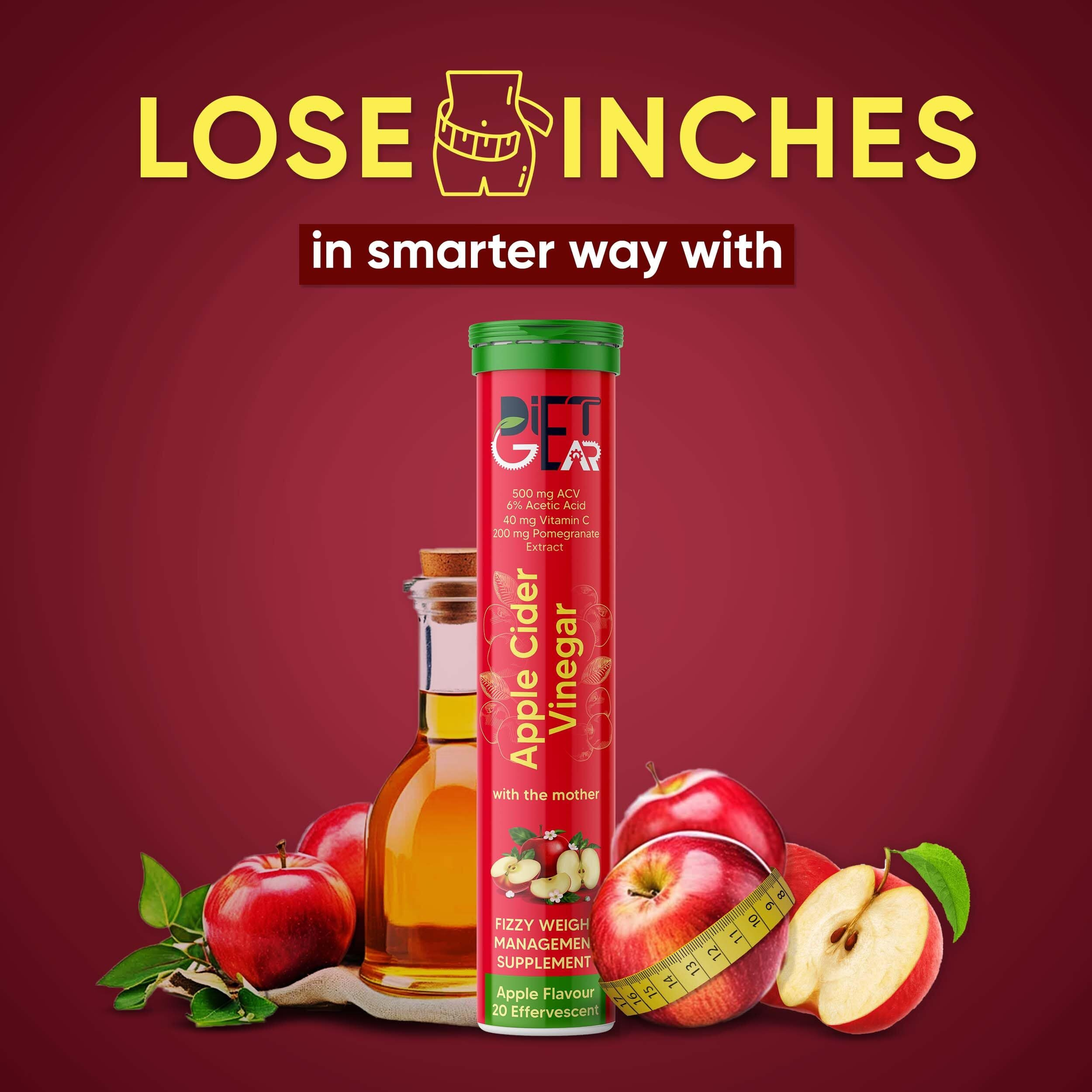 Diet Gear Apple Cider Vinegar with Mother | 5 ltr Zero Sugar Apple Cider vinegar drink with Pomegranate and Beet Root extract added Vitamin C, B6, B7 and B12 | 20 Tablet | Apple flavor (Pack of 1)