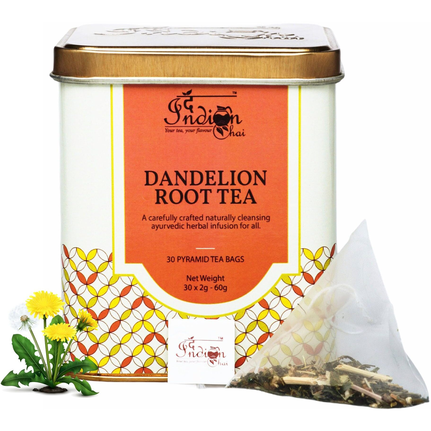 The Indian Chai Dandelion Root Tea For Detox|30 Pyramid Tea Bags|Kidney & Liver Detox Tea|Improves Kidney Function & Digestive Health|Herbal Tea|Dandelion Tea|Caffeine Free|Super-Herb|60Grams