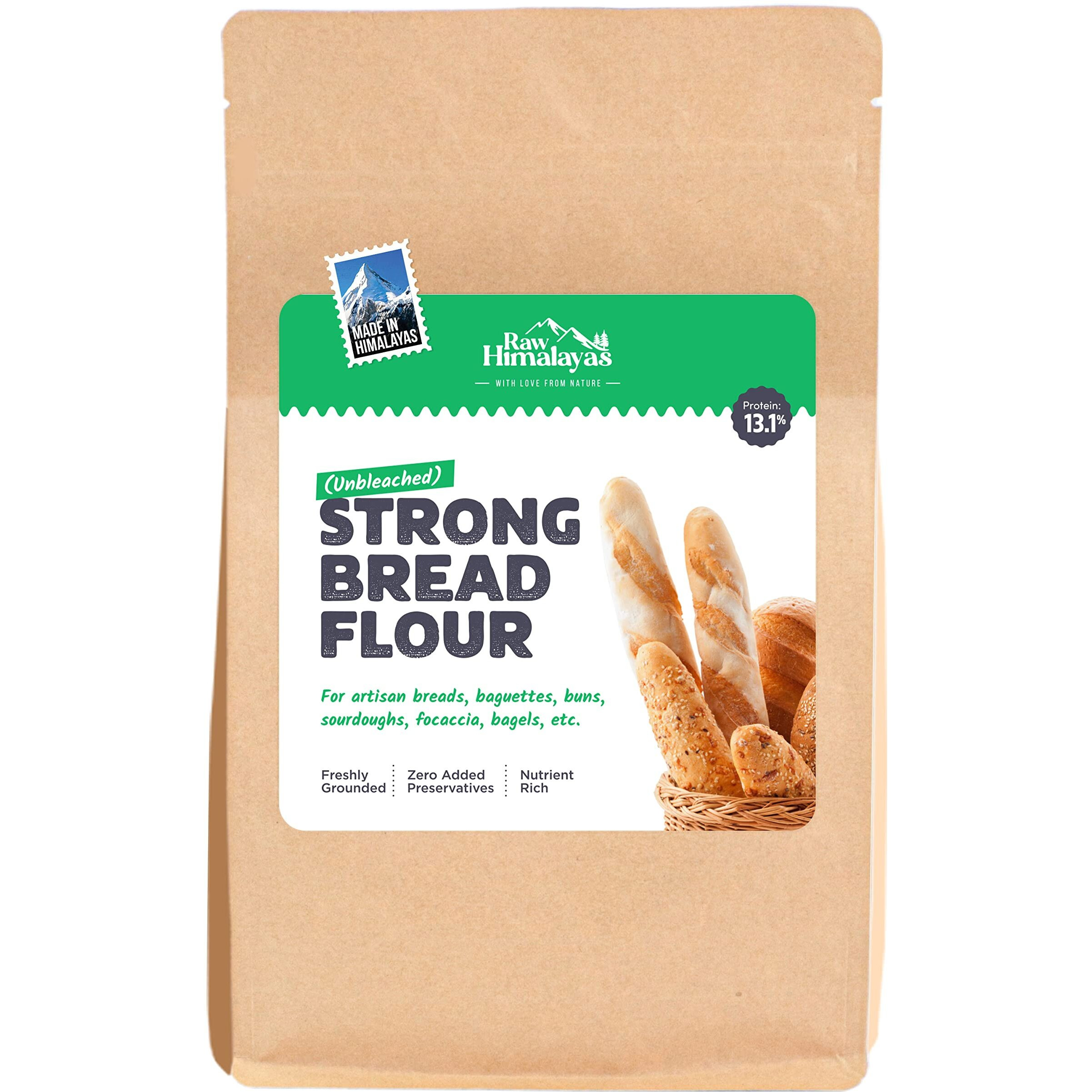 Raw Himalayas Strong Bread Flour (1 Kg), Unbleached | High Protein | Artisan Breads | Sourdoughs | Baguettes | Focaccia | Brioche Buns | Bagels | Himalayan flour