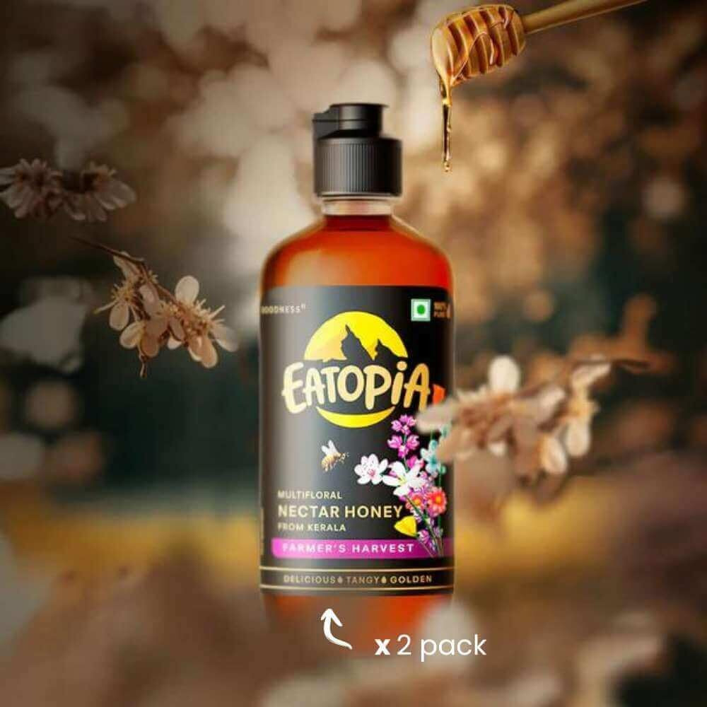 Eatopia Farmers Harvest Honey Squeeze Bottle | Pure Honey with No Added Sugar | 100% Natural Honey | Organic Honey | Raw, Unprocessed, Unpasteurized Honey | Nectar Honey | Pack of 2-500gm