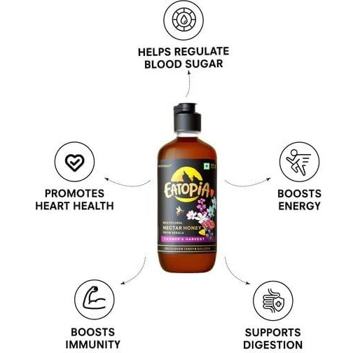 Eatopia Farmers Harvest Honey Squeeze Bottle | Pure Honey with No Added Sugar | 100% Natural Honey | Organic Honey | Raw, Unprocessed, Unpasteurized Honey | Nectar Honey | Pack of 2-500gm