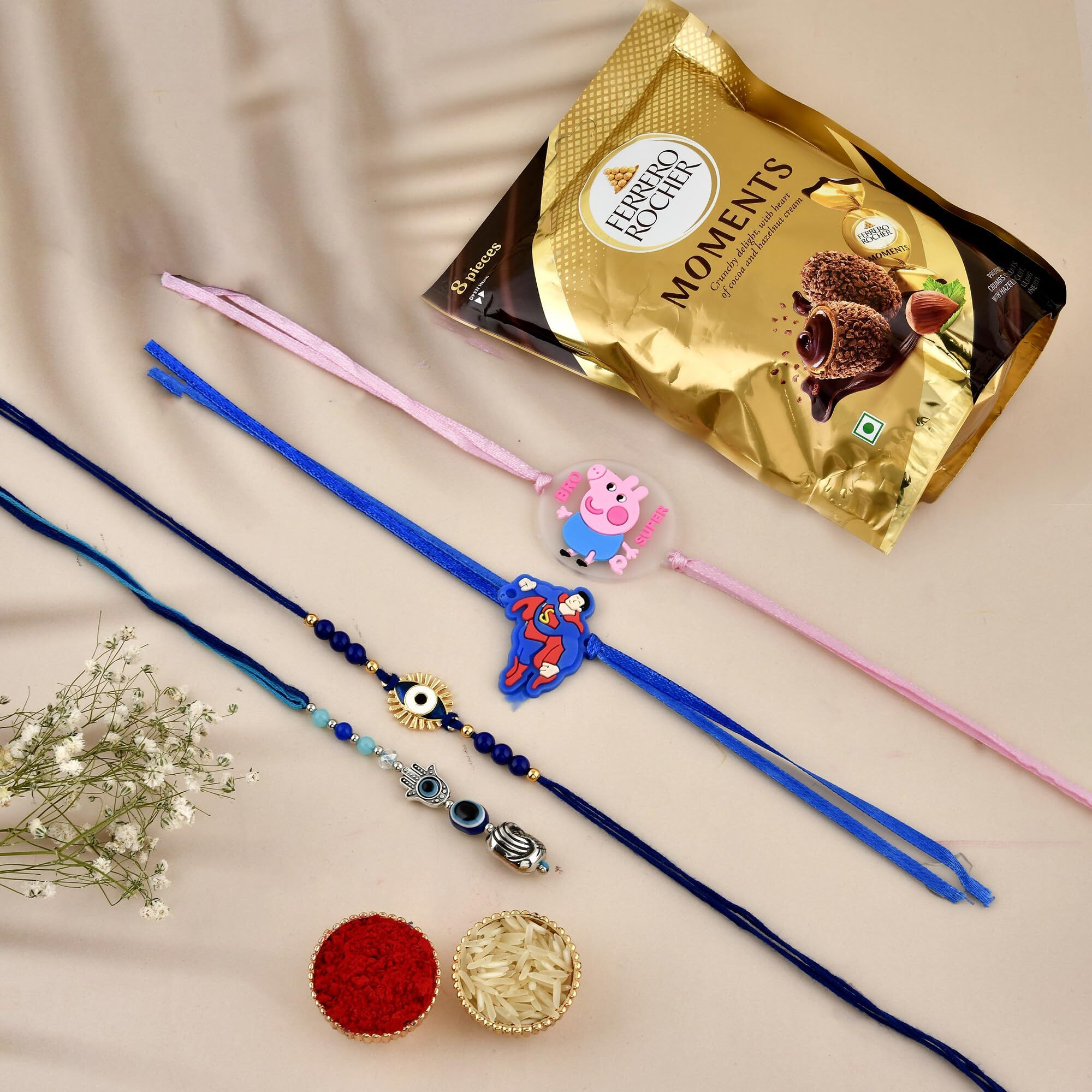 CraftVatika Rakhi Gift Combo | Set of 4 Rakhi For Brother and Bhabhi Kids with Gifts| Rakhi with chocolate Gift Hamper | Evil Eye Lumba Rakhi