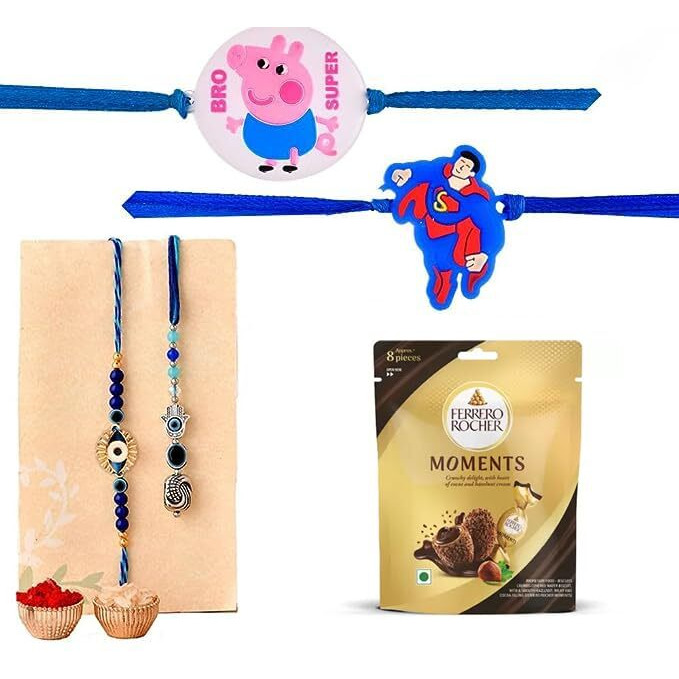 CraftVatika Rakhi Gift Combo | Set of 4 Rakhi For Brother and Bhabhi Kids with Gifts| Rakhi with chocolate Gift Hamper | Evil Eye Lumba Rakhi