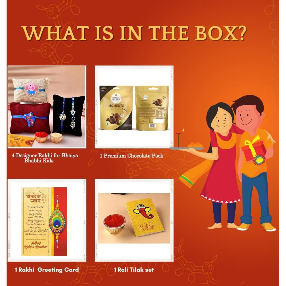 CraftVatika Rakhi Gift Combo | Set of 4 Rakhi For Brother and Bhabhi Kids with Gifts| Rakhi with chocolate Gift Hamper | Evil Eye Lumba Rakhi