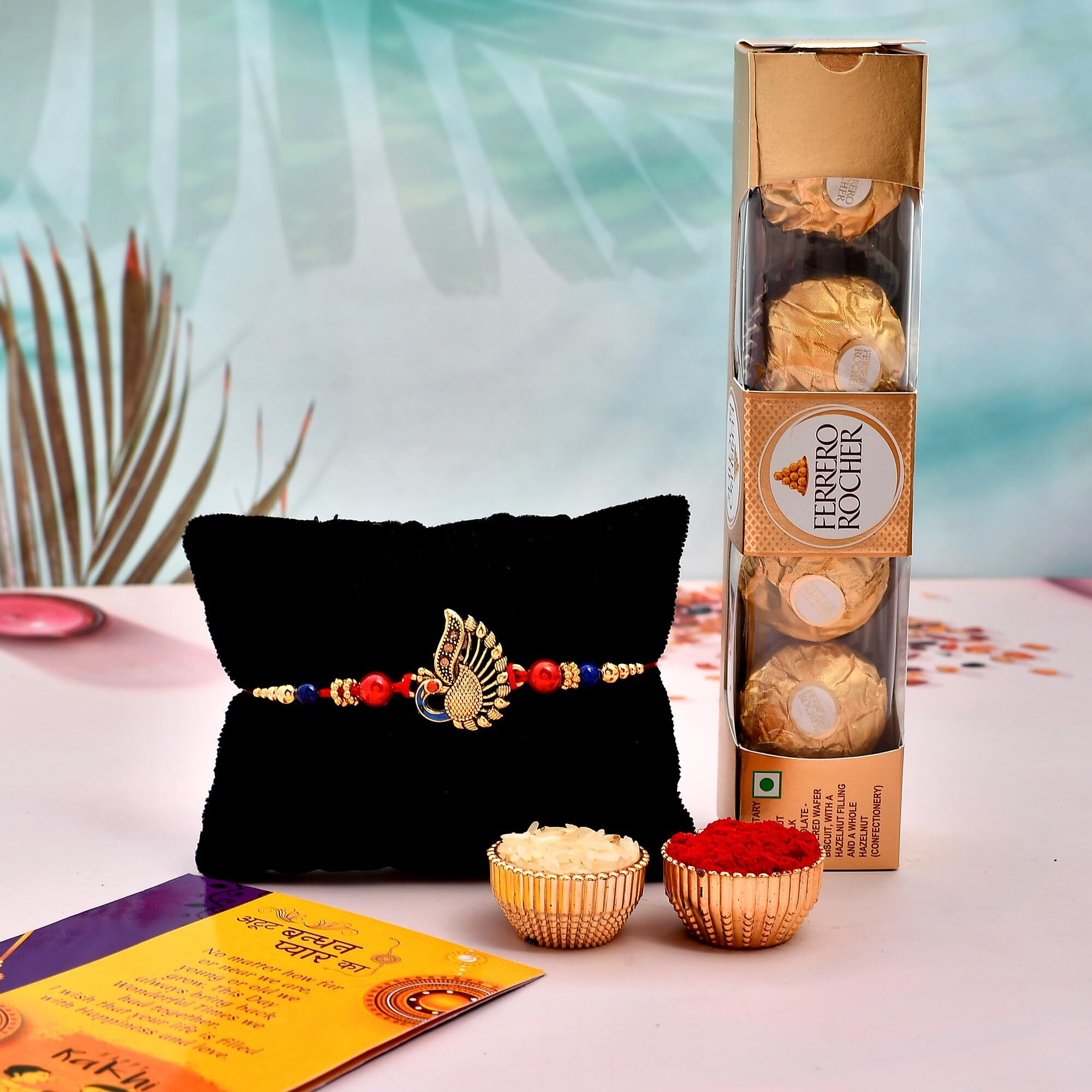 Ferrero Rocher Rakhi Gift For brother with chocolate, Rakshabandhan Rakhi chocolate hamper Combo for brother with chocolate Gifts, 1 Rakhi Combo, Rakshabandhan Bhai Bhabhi Hamper Greeting Card, Roli, Chawal, Chandan, Misri