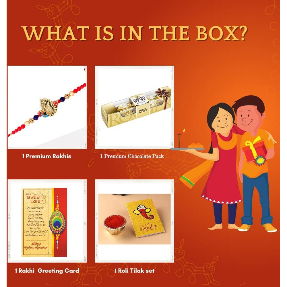 Ferrero Rocher Rakhi Gift For brother with chocolate, Rakshabandhan Rakhi chocolate hamper Combo for brother with chocolate Gifts, 1 Rakhi Combo, Rakshabandhan Bhai Bhabhi Hamper Greeting Card, Roli, Chawal, Chandan, Misri