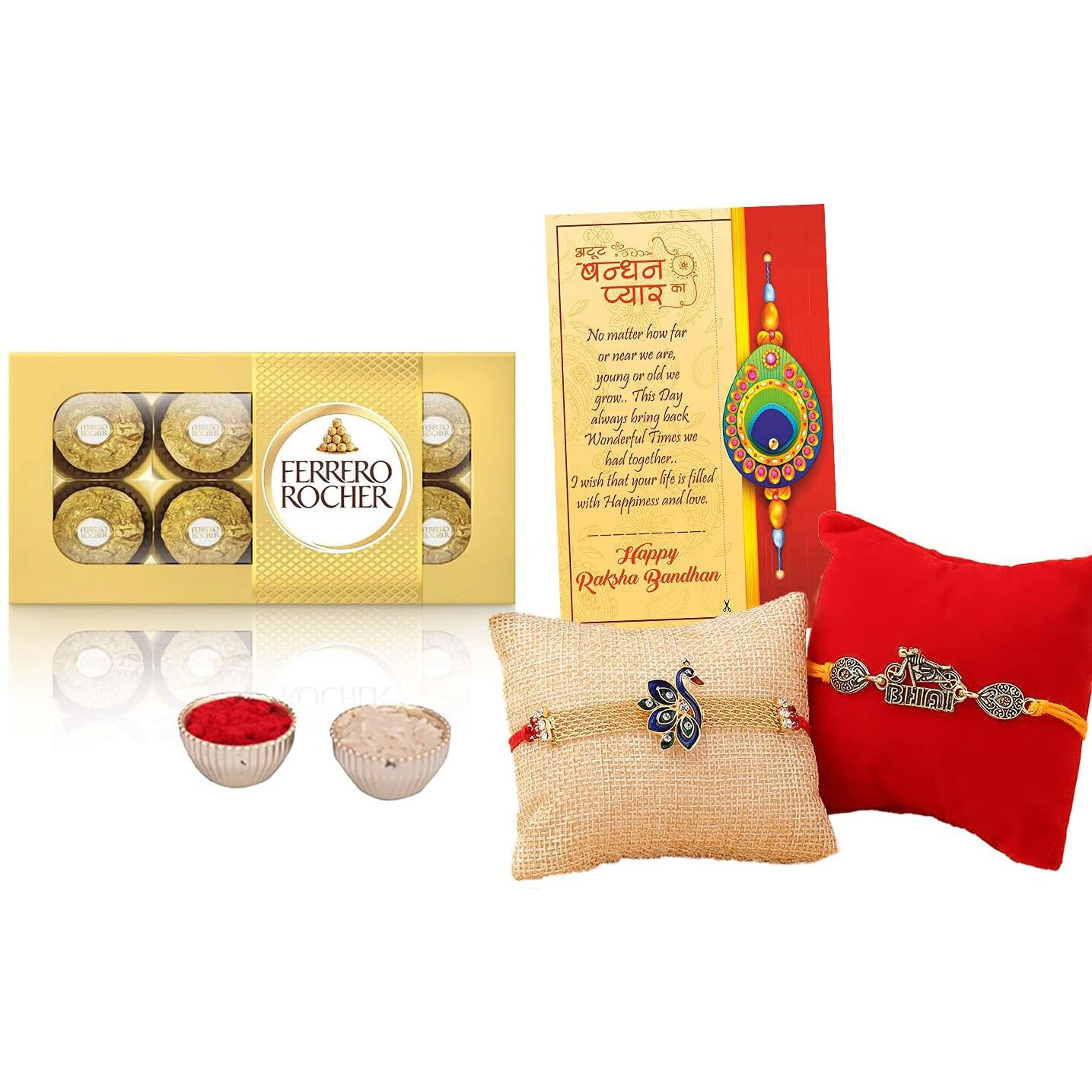 Ferrero Rocher Rakshabandhan Rakhi Gift Hamper for Brother Bhai Bhabhi Kids with 2 Rakhi, chocolates, Greeting Card, Roli, Chawal, Chandan, Misri