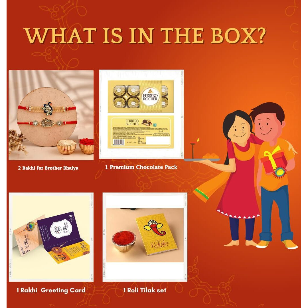 Ferrero Rocher Rakshabandhan Rakhi Gift Hamper for Brother Bhai Bhabhi Kids with 2 Rakhi, chocolates, Greeting Card, Roli, Chawal, Chandan, Misri