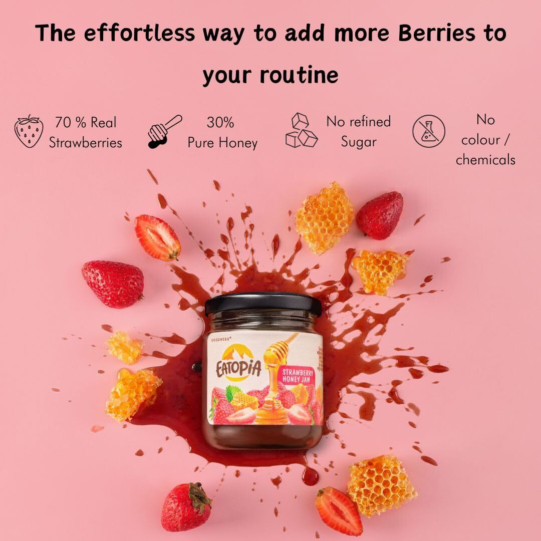 Eatopia Strawberry Honey Jam | Sugar Free | 100% Pure & Natural | No Preservatives | No Added Colours & Flavours | 70% Strawberries & 30% Wild Honey | Healthy Good for Gut Health | Pack of 2-480g