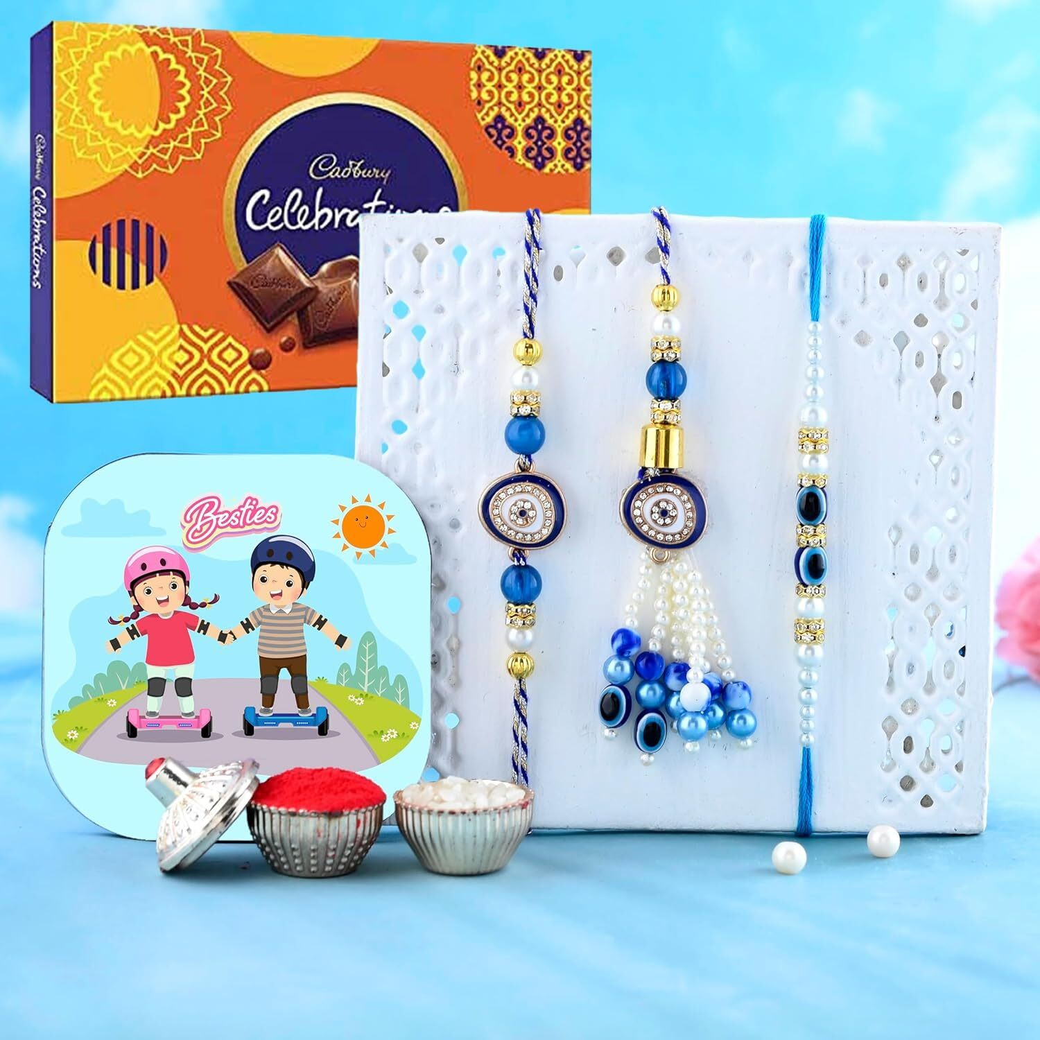 CraftVatika Chocolates with Evil Eye Rakhi for Brother Bhabhi Kids, Rakhi Set of 3 for Bhaiya Bhabhi Kids, Evil Eye Lumba, Rakhi Chocolates Gift Rakhi with Gift Hamper (Type-1) 200 gram