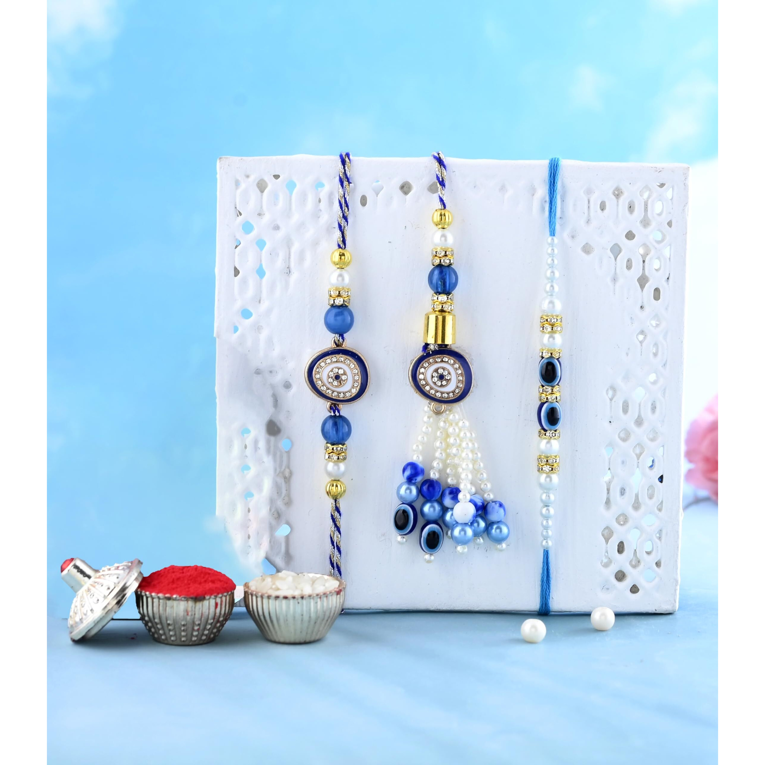 CraftVatika Chocolates with Evil Eye Rakhi for Brother Bhabhi Kids, Rakhi Set of 3 for Bhaiya Bhabhi Kids, Evil Eye Lumba, Rakhi Chocolates Gift Rakhi with Gift Hamper (Type-1) 200 gram