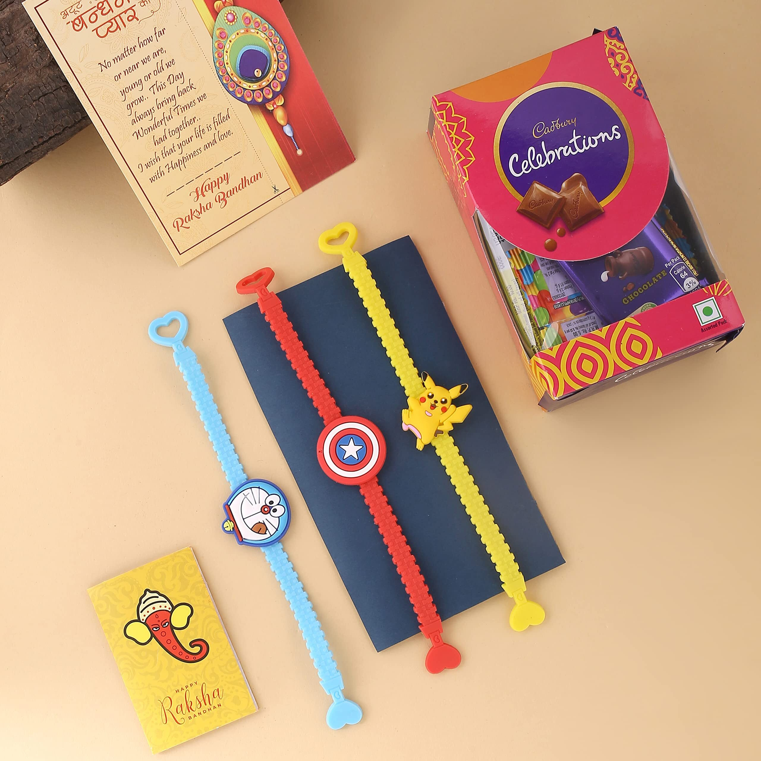 Kids Rakhi Combo Set of 3 With Chocolate Cadbury Celebration Pack Rakhis for Brother Kids Boy Girls with Chocolate, Toy Rakhi with Chocolate Gift Hamper Rakshabandhan