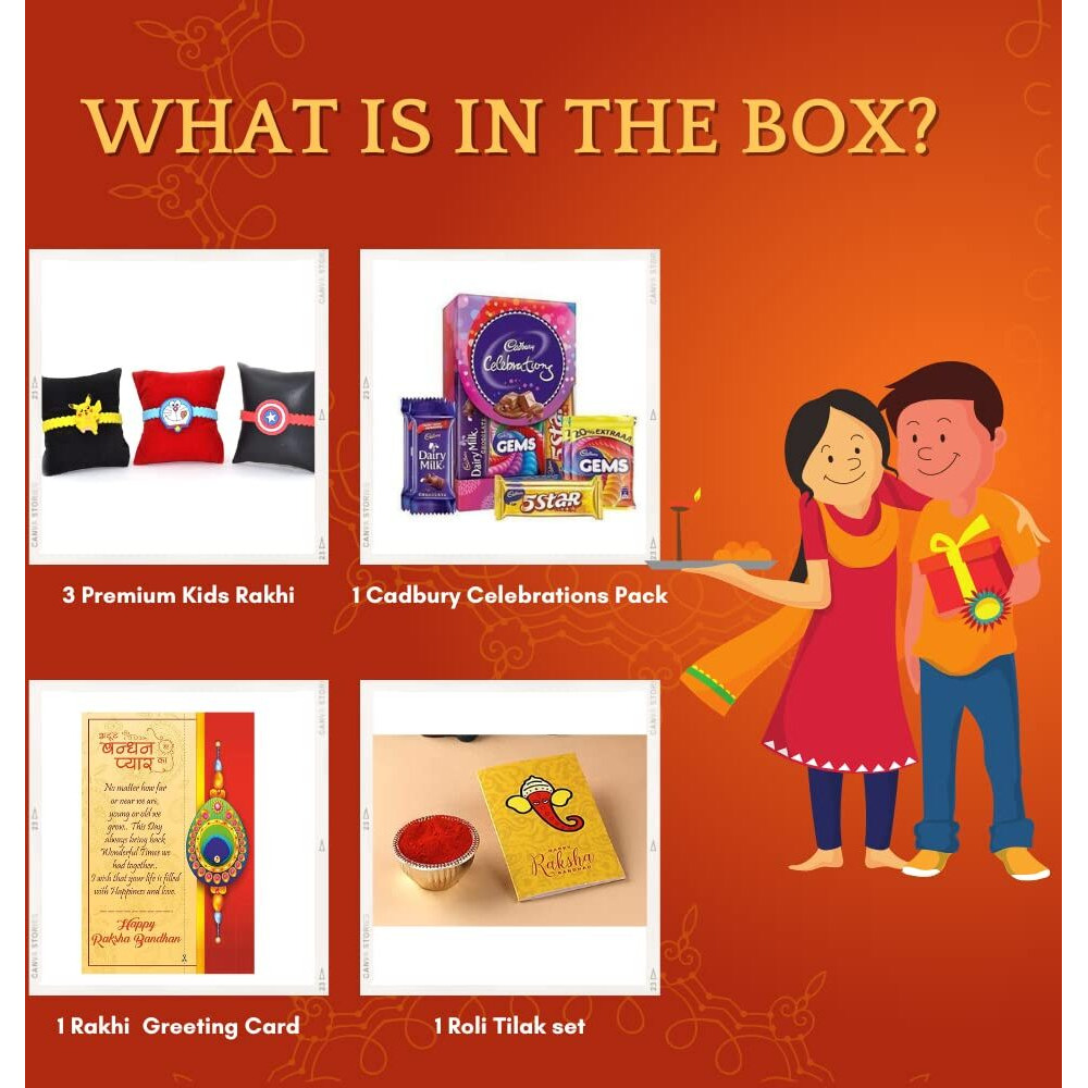 Kids Rakhi Combo Set of 3 With Chocolate Cadbury Celebration Pack Rakhis for Brother Kids Boy Girls with Chocolate, Toy Rakhi with Chocolate Gift Hamper Rakshabandhan