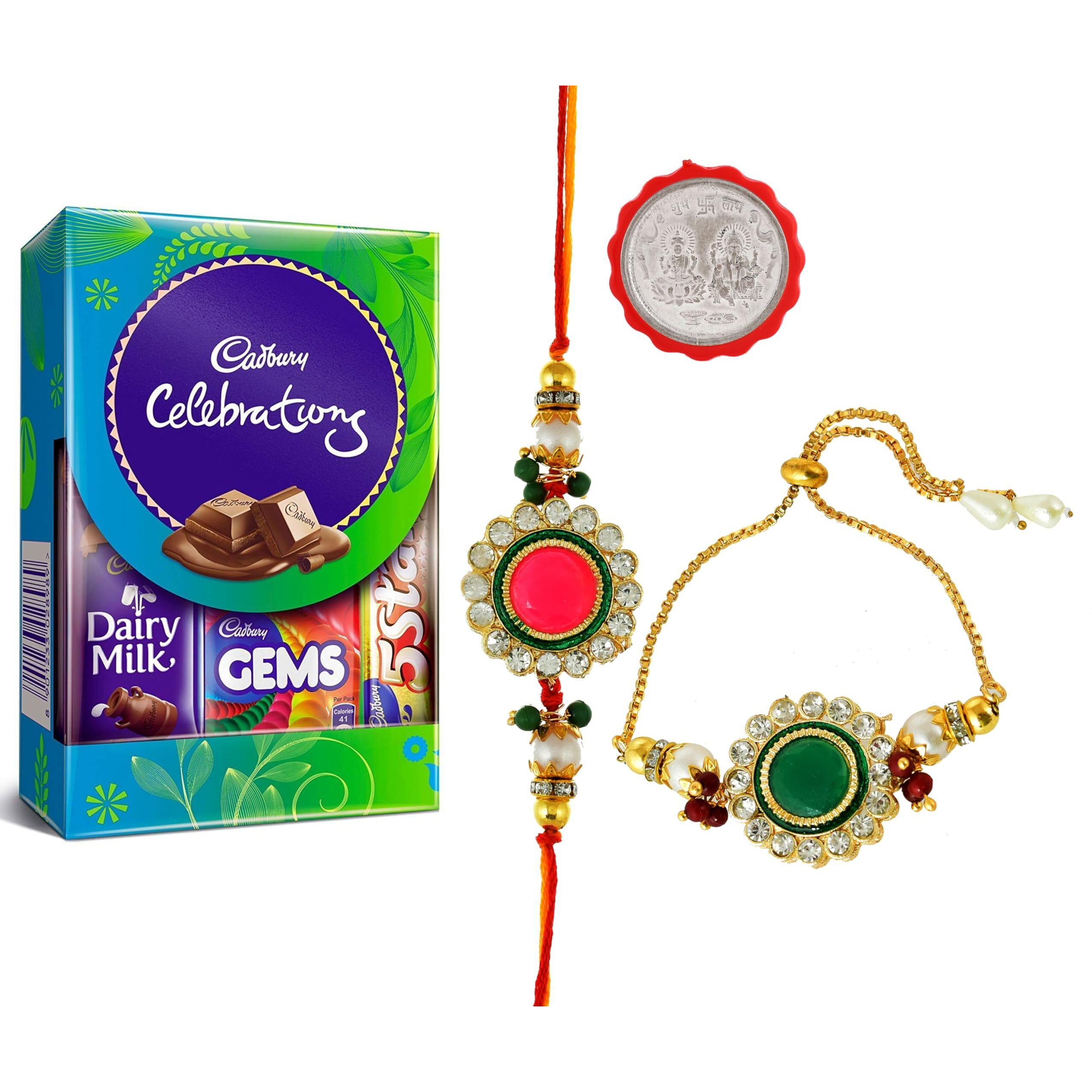 CraftVatika Rakhi for Brother and Bhabhi with Chocolate Gift Hamper - Couple Kundan Rakhi for Bhaiya Bhabhi - Rakhi with Chocolate Combo - Rakhi with Coin Rakshabandhan Rakhi Gift, 120 grams