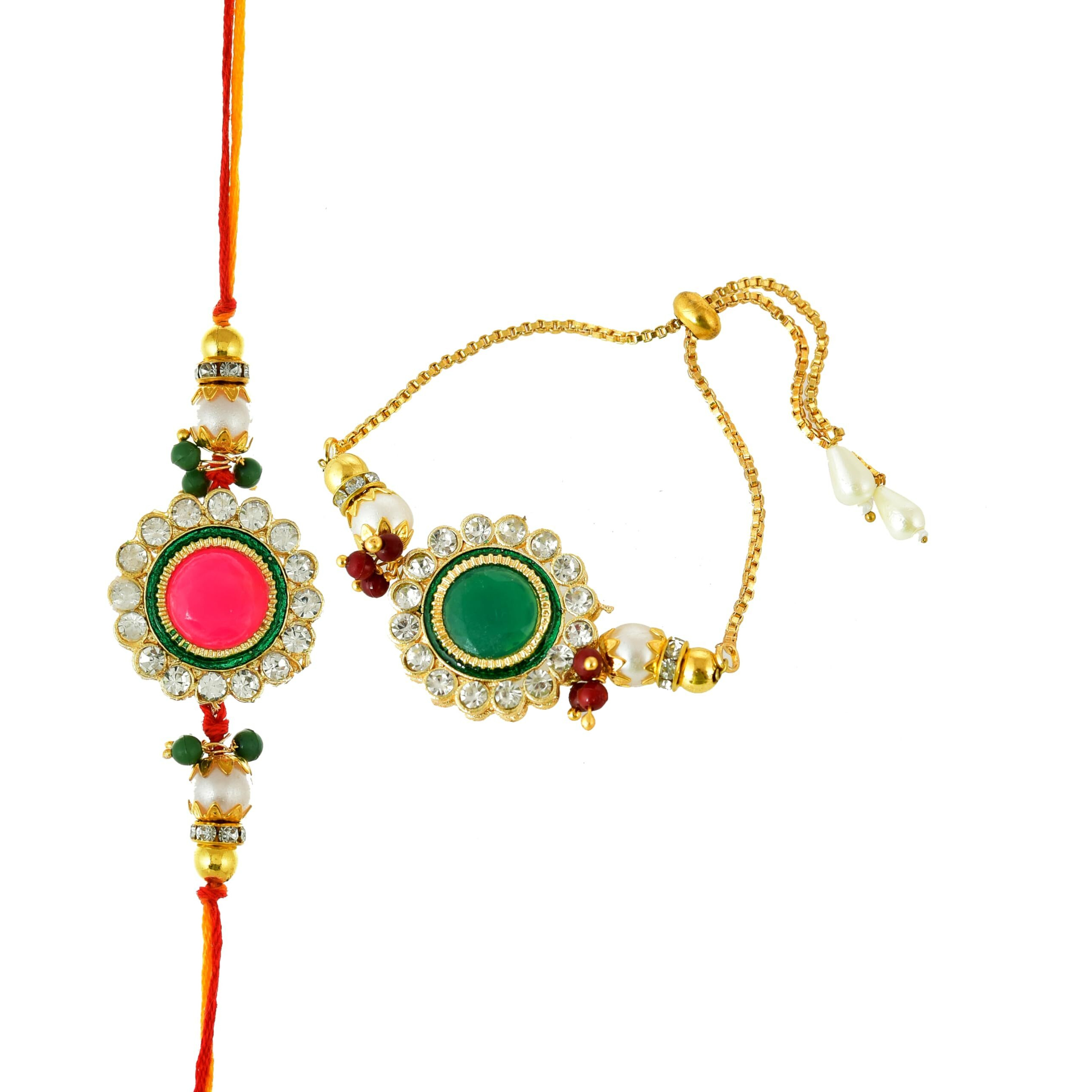 CraftVatika Rakhi for Brother and Bhabhi with Chocolate Gift Hamper - Couple Kundan Rakhi for Bhaiya Bhabhi - Rakhi with Chocolate Combo - Rakhi with Coin Rakshabandhan Rakhi Gift, 120 grams