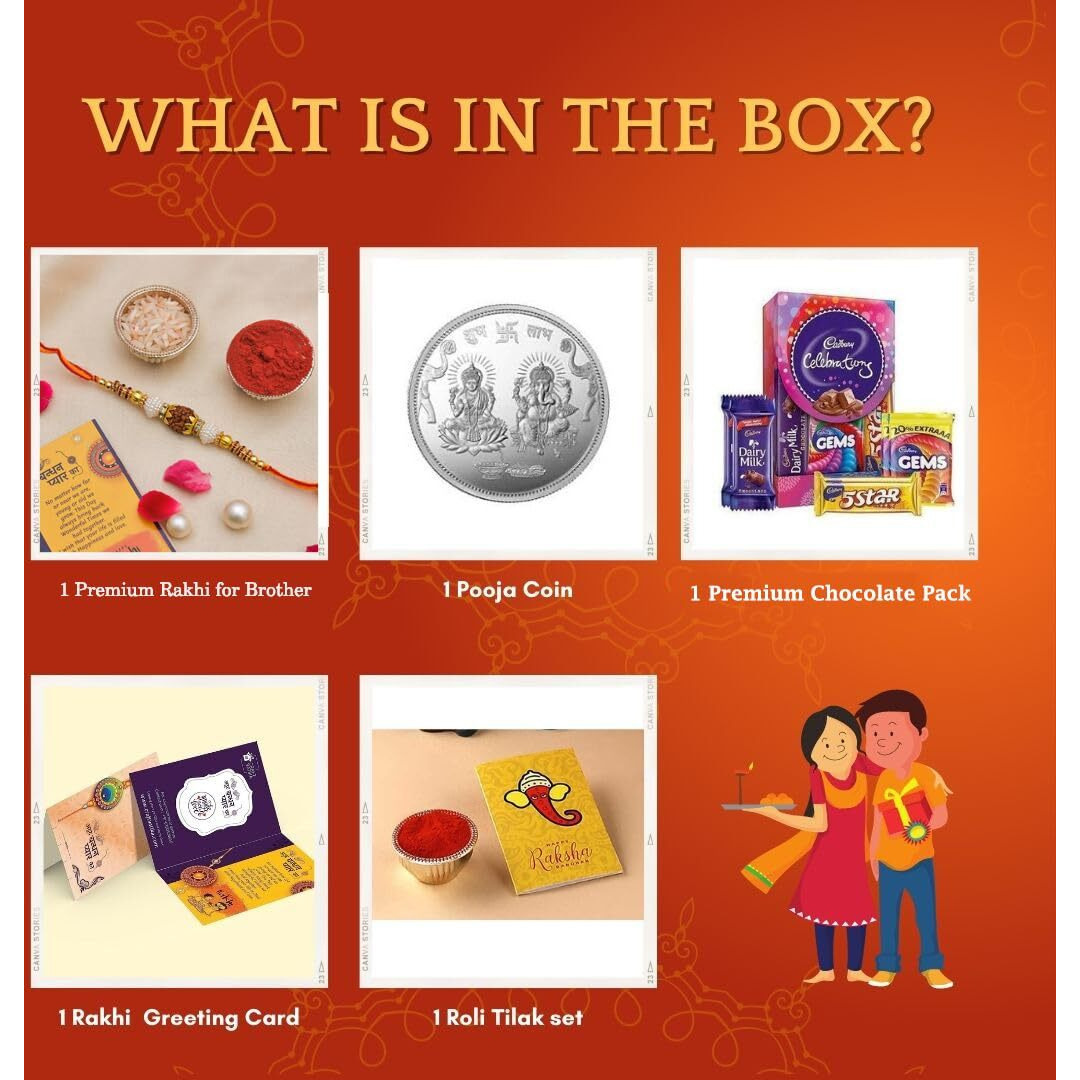 CraftVatika Rakhi Chocolate Gift Combo for Brother | Rakhi with Pooja Coin | Designer Rakhi for Bhaiya Men Boy Rakhi with Chocolate Box Rakhi Set of 1