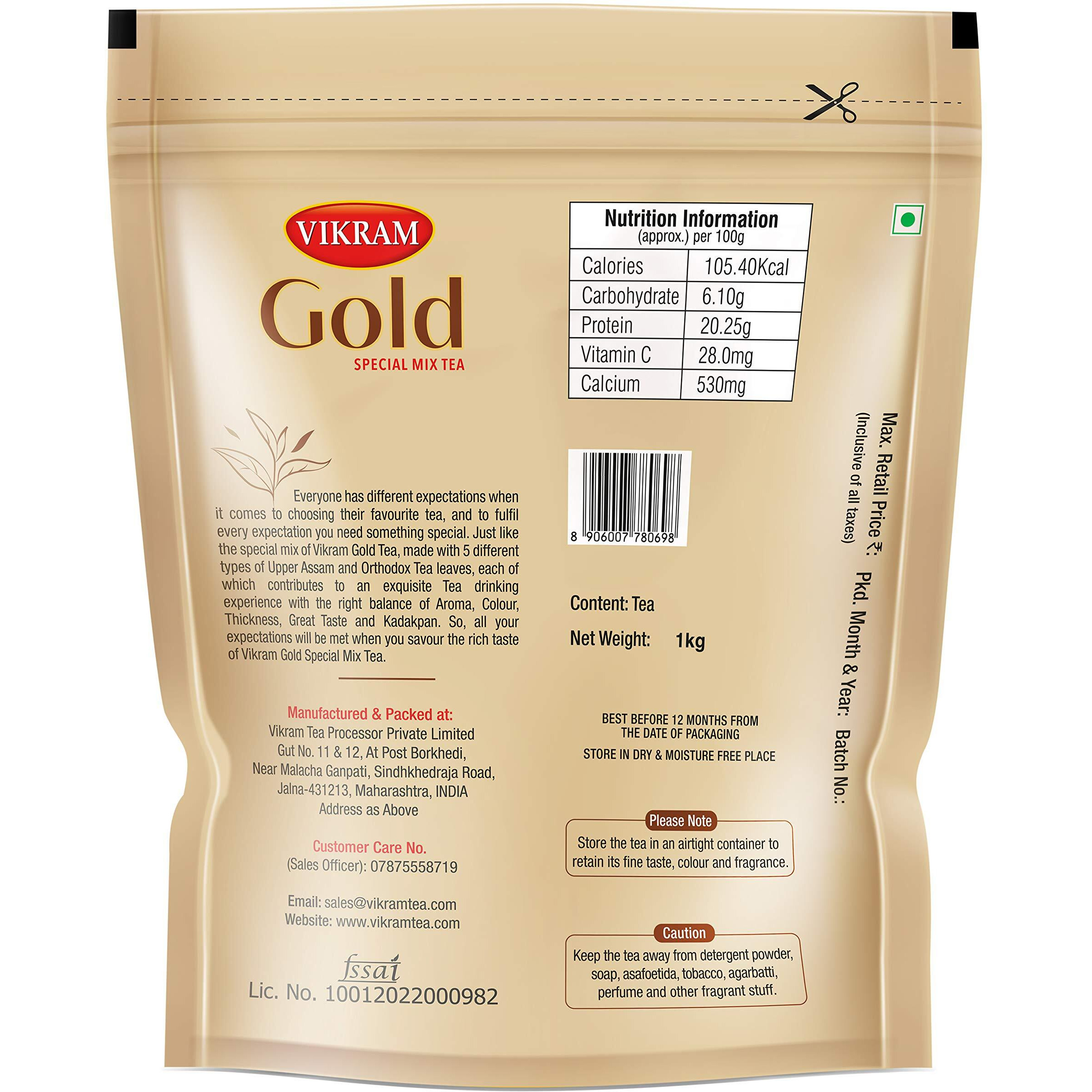 VIKRAM Gold Special Mix Tea | Blended With 5 Unique Types Of Leaves From Upper Assam And Enriched With Orthodox Tea Leaves | Rich & Aromatic Chai | Black Tea - 1Kg Pouch