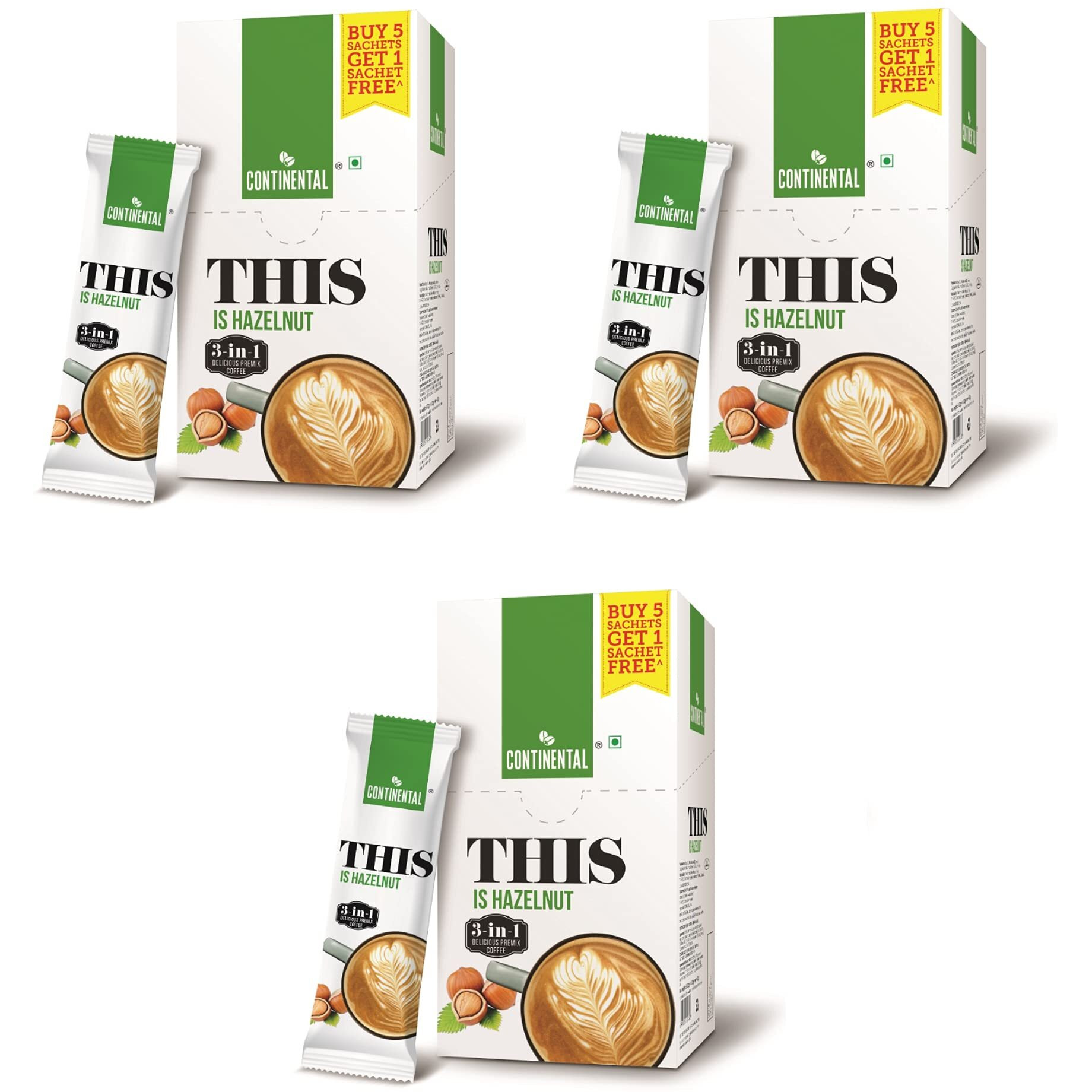 Continental This Hazelnut 3 In 1 Premix Flavoured Coffee Powder 132Gram Box(22G*6 Sachets)(Pack Of 3)