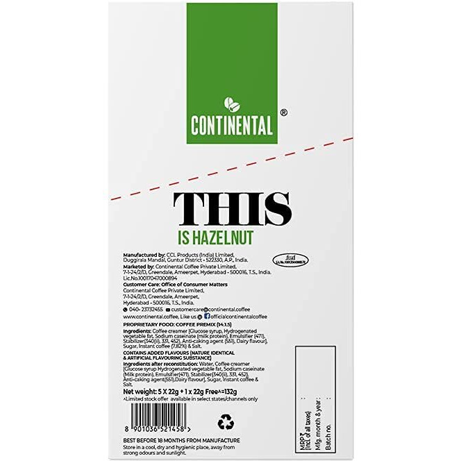 Continental This Hazelnut 3 In 1 Premix Flavoured Coffee Powder 132Gram Box(22G*6 Sachets)(Pack Of 3)