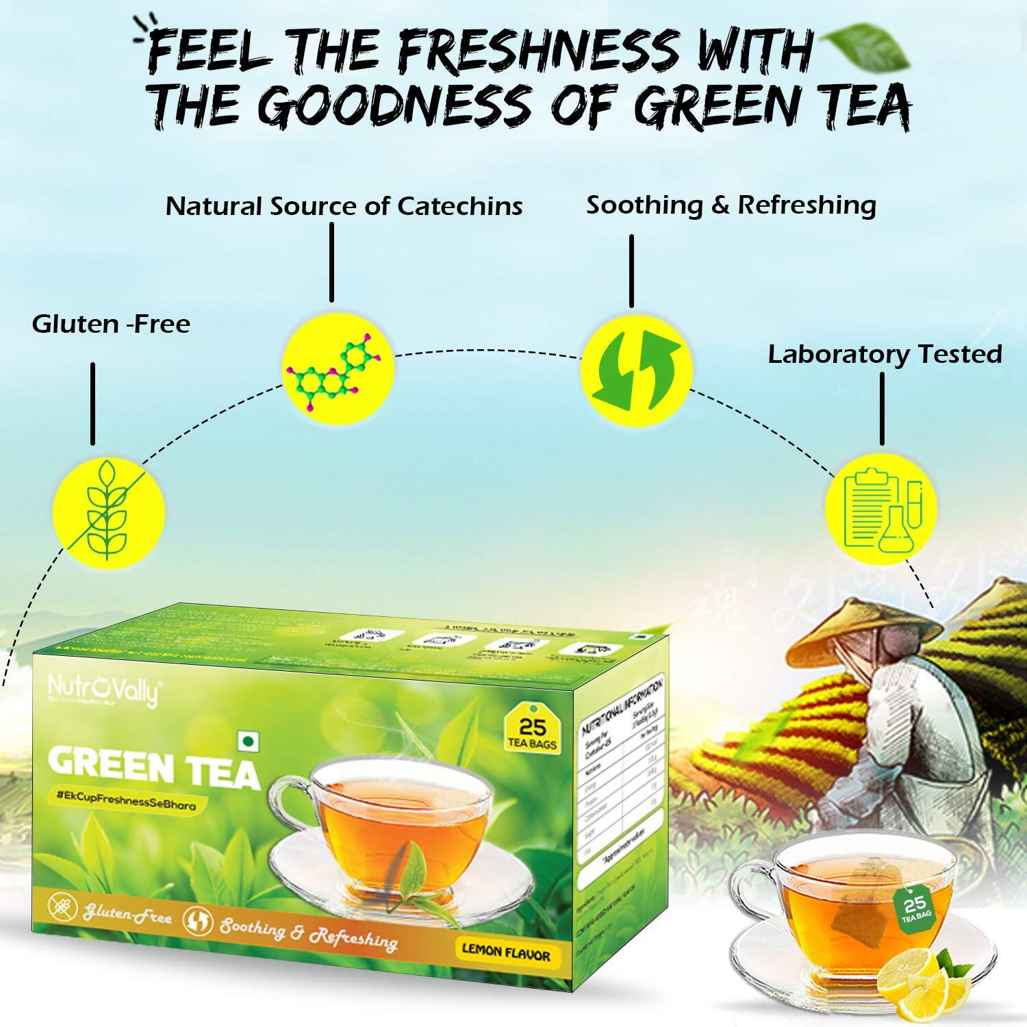 Nutrovally Green Tea Bags 100 Pcs Combo Of Chamomile, Honey, Lemon, Tulsi Green Tea 100 Teabags With Antioxidant-Rich Improves Metabolism(4 X 25 Bags),150 Grams