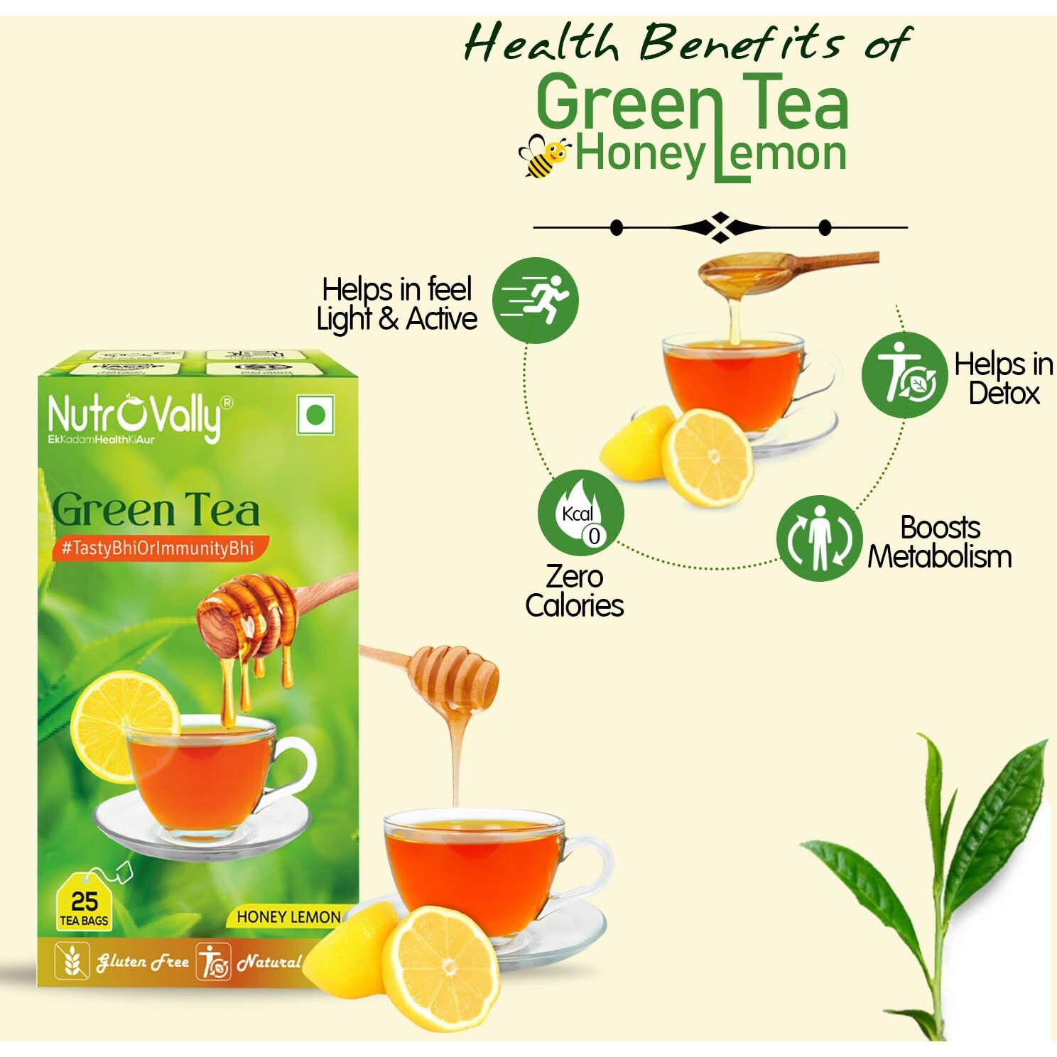 Nutrovally Green Tea Bags 100 Pcs Combo Of Chamomile, Honey, Lemon, Tulsi Green Tea 100 Teabags With Antioxidant-Rich Improves Metabolism(4 X 25 Bags),150 Grams