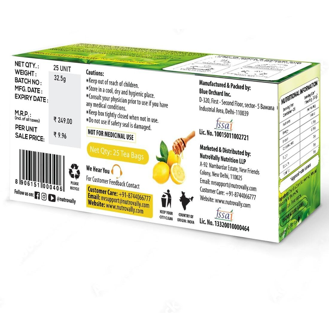 Nutrovally Honey Lemon Green Tea Bags 100 Pcs|Immunity Booster & Natural Vitamins, Slim, Digestion, Skin Glow Lemon Honey Green Tea 100 Teabag (4 X 25 Tea Bags, 150 Gram)