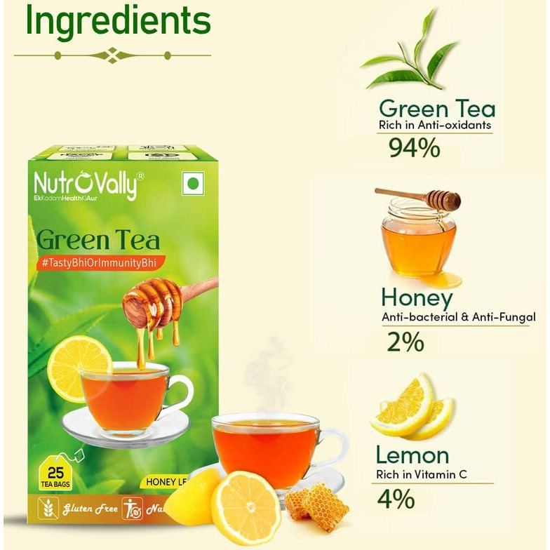 Nutrovally Honey Lemon Green Tea Bags 100 Pcs|Immunity Booster & Natural Vitamins, Slim, Digestion, Skin Glow Lemon Honey Green Tea 100 Teabag (4 X 25 Tea Bags, 150 Gram)