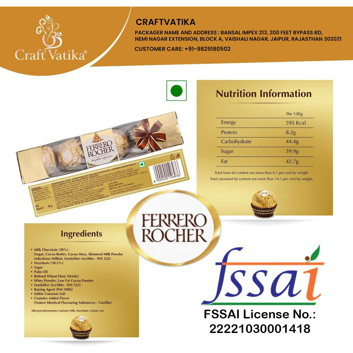 CraftVatika Ferrero Rocher Rakhi Gift Chocolate for Brother Boy Men Kids, Premium Rudraksh Designer Rakhi with Pooja Coin Combo Rakhi Set of 1 with Chocolate Gift Hamper, Rakhi for Bhaiya Bhai