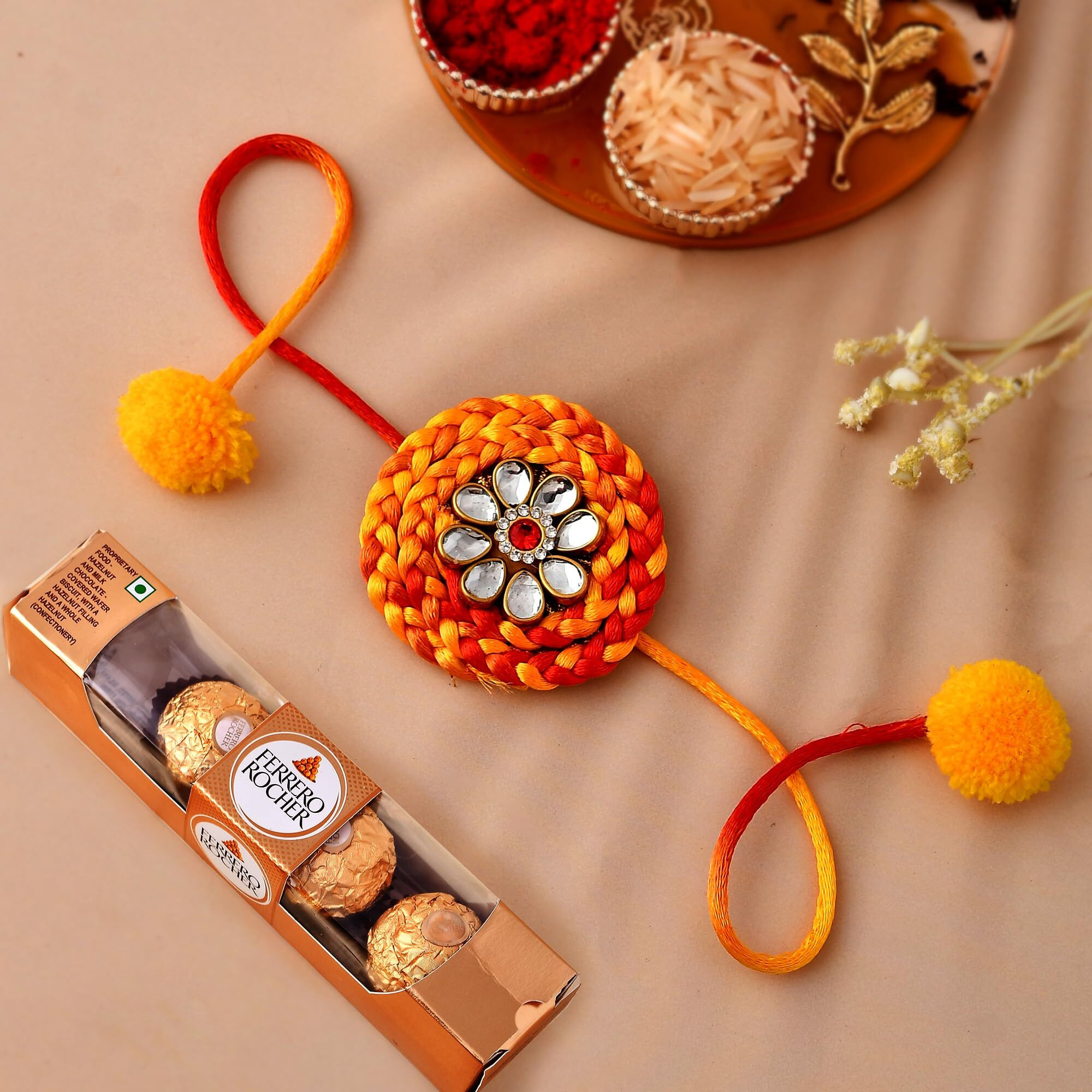 Ferrero Rocher Rakhi For brother with gift combo set | Rakhi With Chocolate | Handmade Kundan Moli Rakhi | Rakhi for Bhaiya Bhai Kids Bhabhi with Chocolate Combo Pack