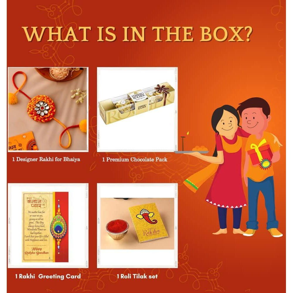 Ferrero Rocher Rakhi For brother with gift combo set | Rakhi With Chocolate | Handmade Kundan Moli Rakhi | Rakhi for Bhaiya Bhai Kids Bhabhi with Chocolate Combo Pack