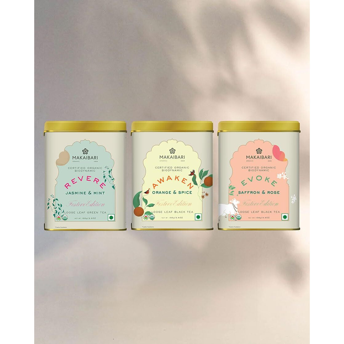 Makaibari Festive Pack Trio Assortment Awaken + Evoke + Revere|New Years Gift Box|Christmas Gift Hamper|Usda Certified Darjeeling Tea|Anti-Oxidants,Immunity Booster|Tin Caddy|100 Gram X 3,Green Tea
